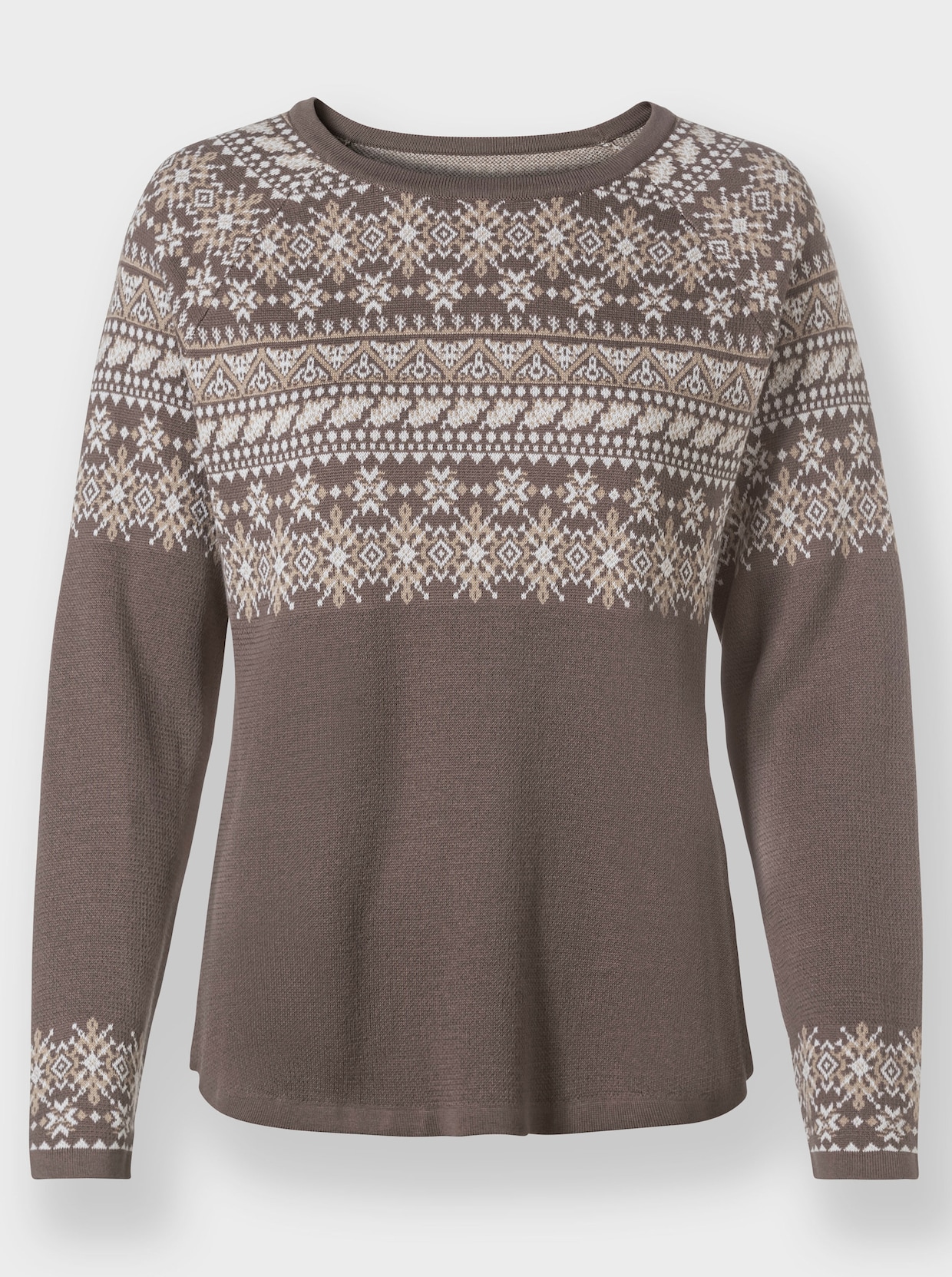 Noorse trui van jacquard - donkertaupe/ecru gedessineerd