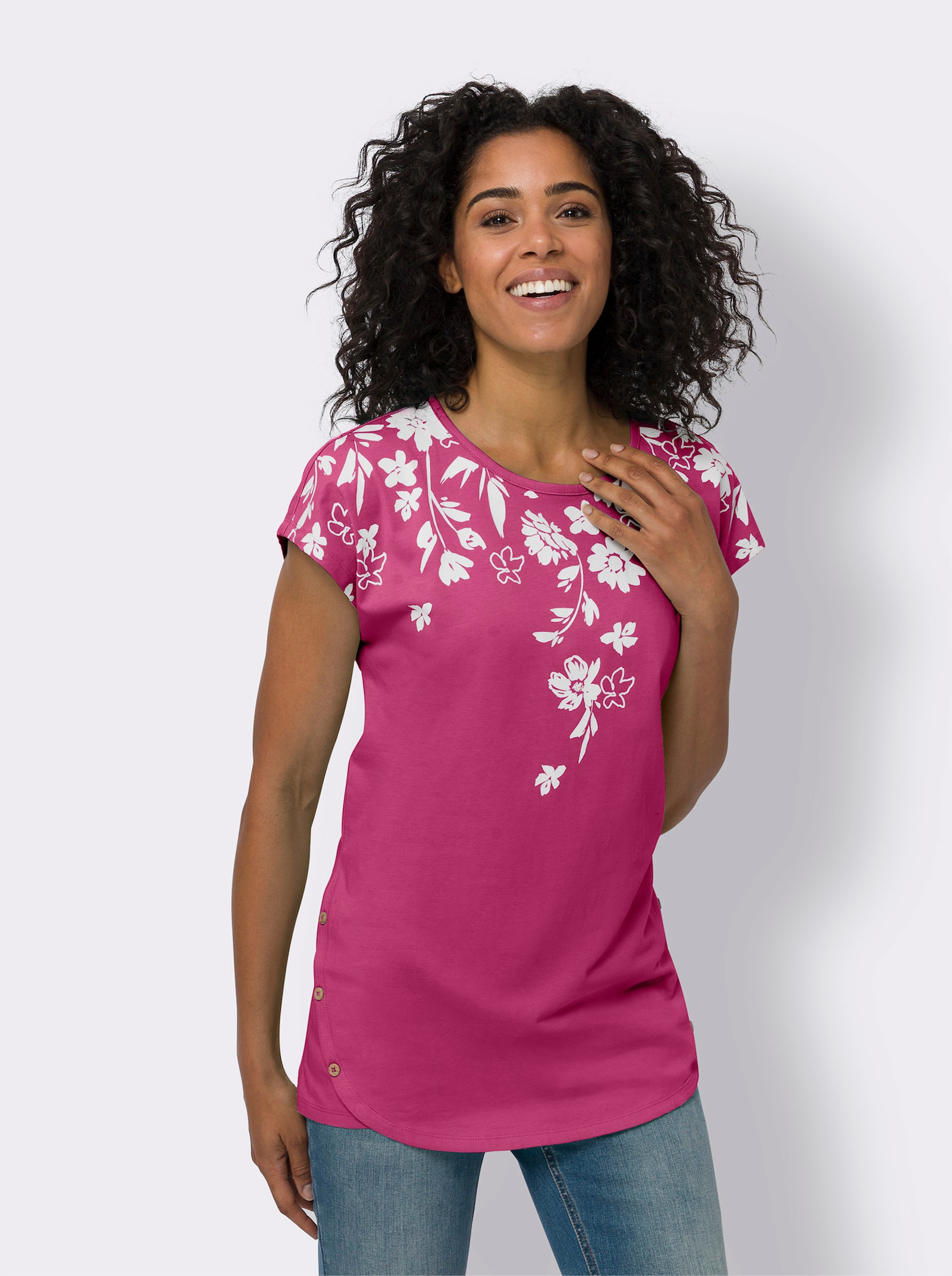 Longshirt mit Zierknöpfen - fuchsia-weiß