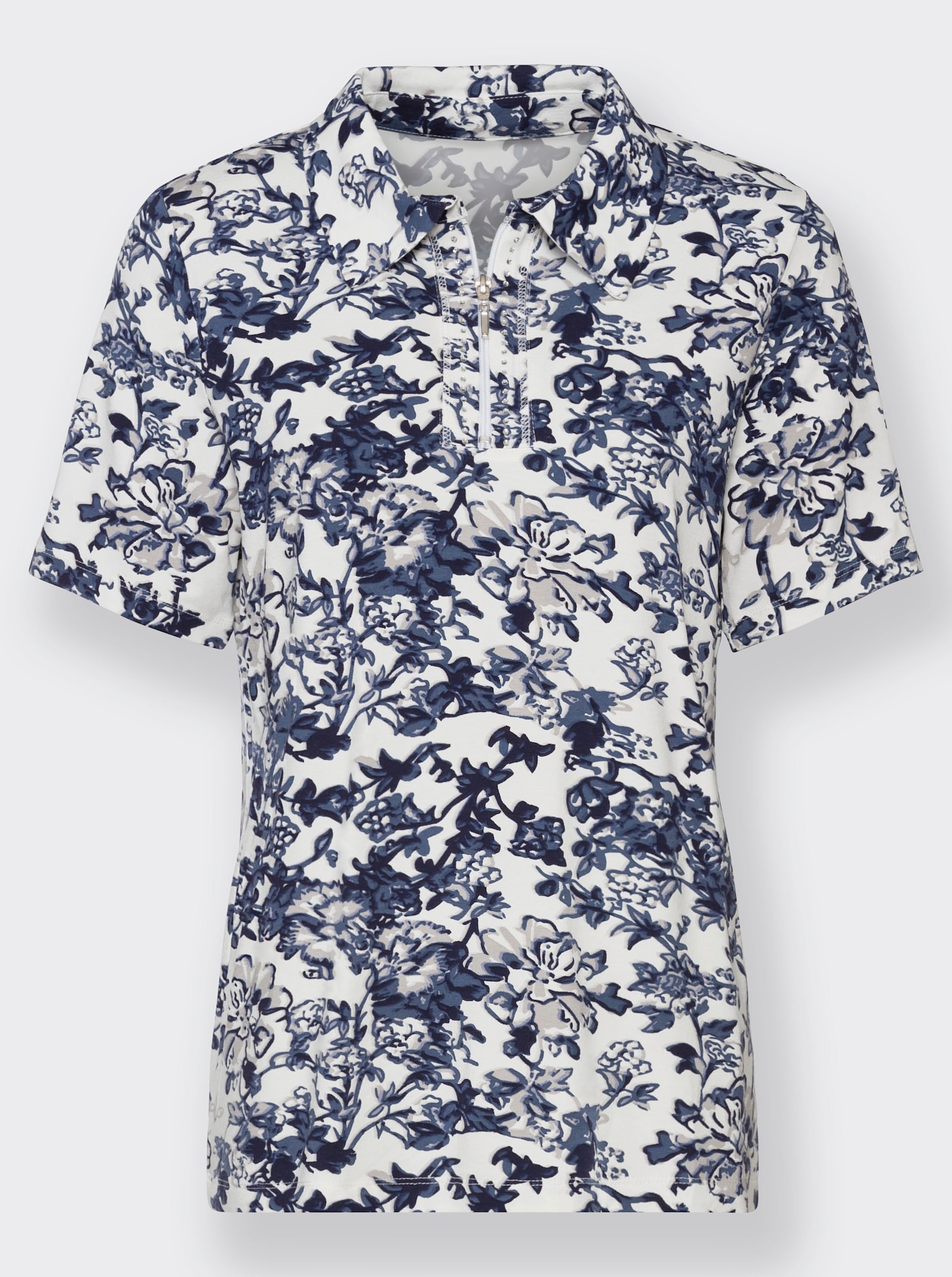 Shirt met korte mouwen en korte ritssluiting - duivenblauw/wit bedrukt