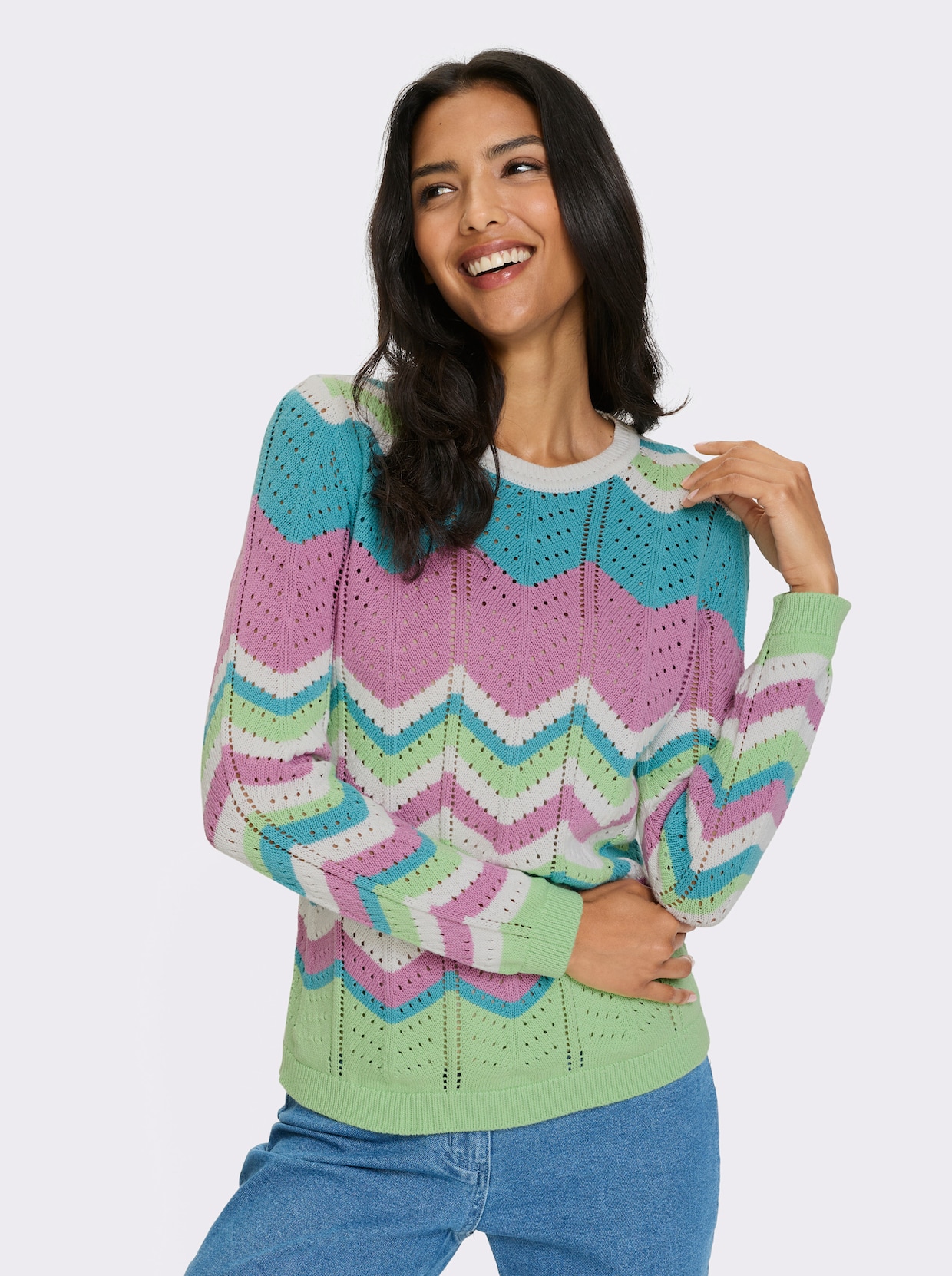 Ajourpullover - ecru-ozean-gemustert
