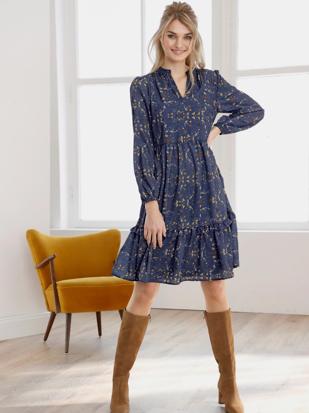 Linea Tesini Druck-Kleid - rauchblau-ocker-bedruckt