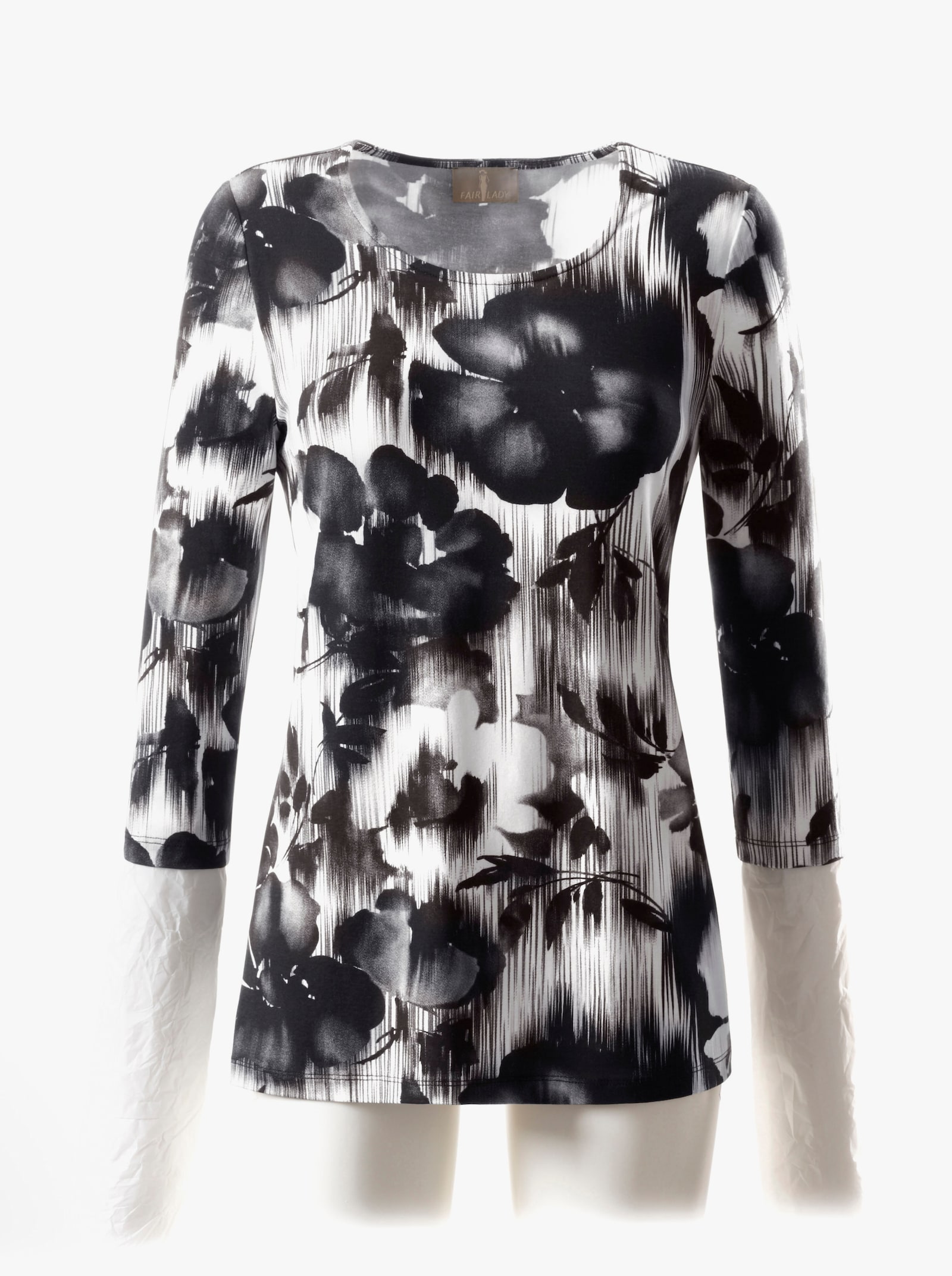 Shirt met 3/4-mouwen en paspels bij de hals - zwart/wit geprint