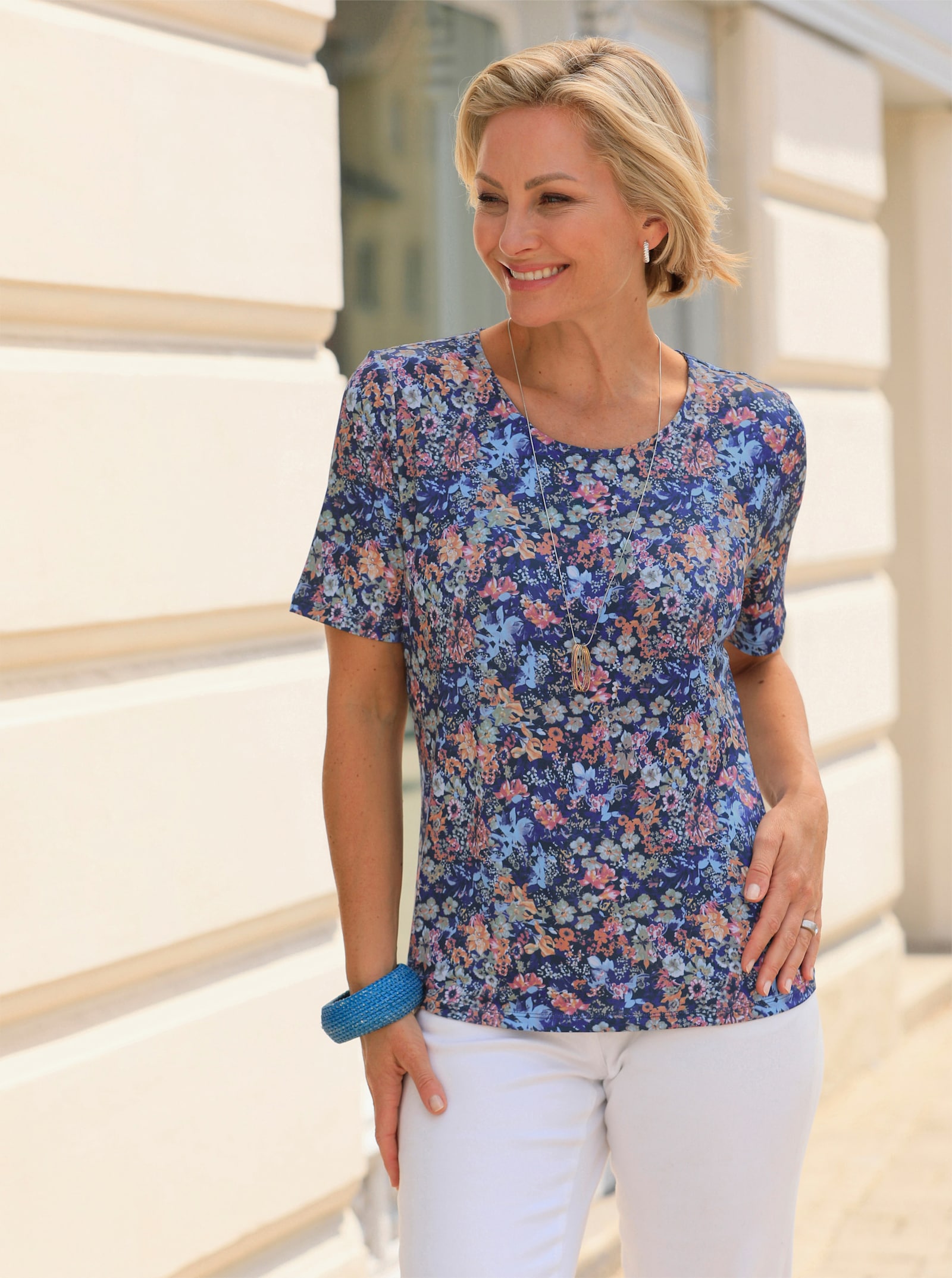 Print-Shirt mit Blumen-Motiven - dunkelblau-fuchsia-bedruckt