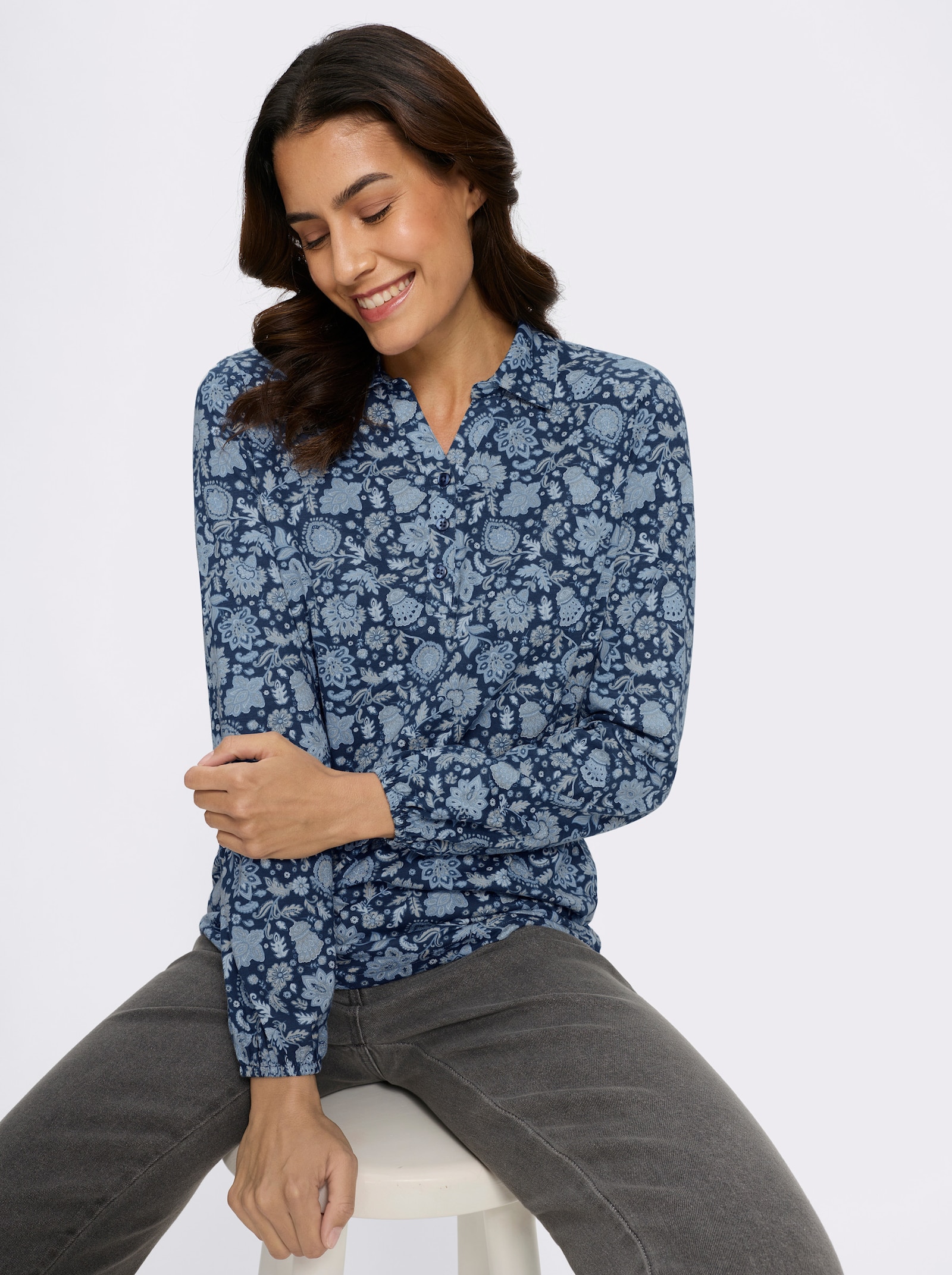 Poloshirt mit floralem Alloverprint - dunkelblau-bedruckt