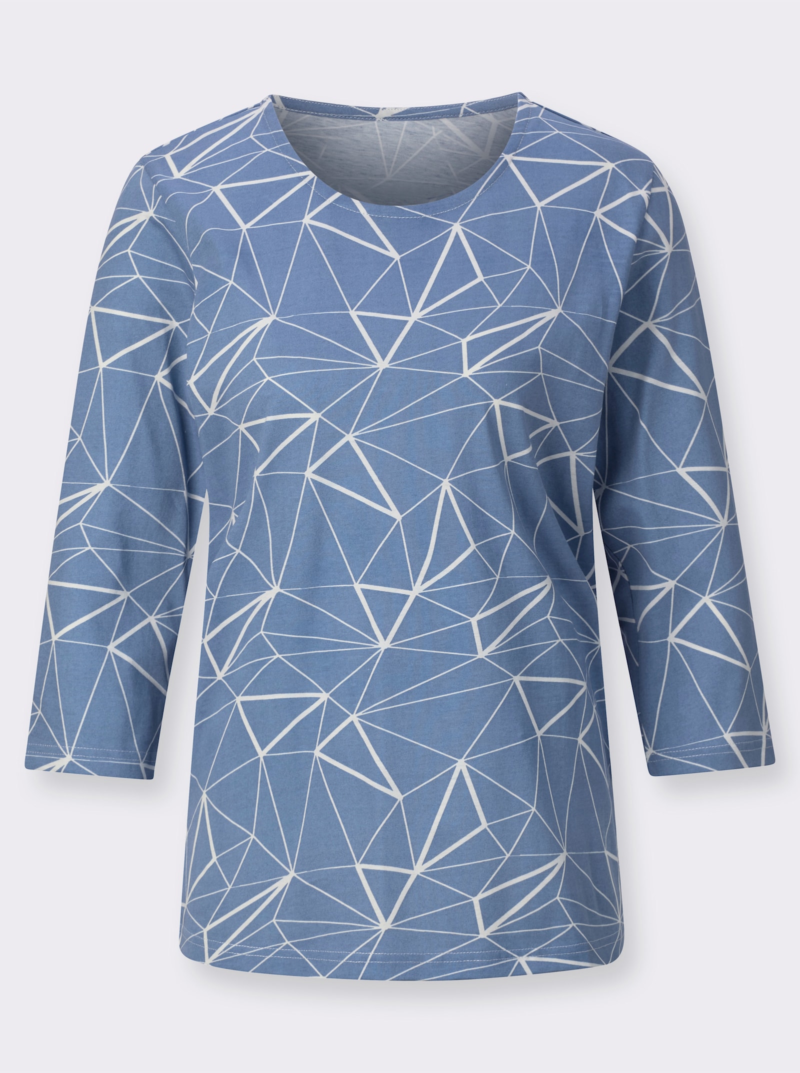 Shirt met ronde hals, in grafisch dessin - middenblauw/ecru bedrukt