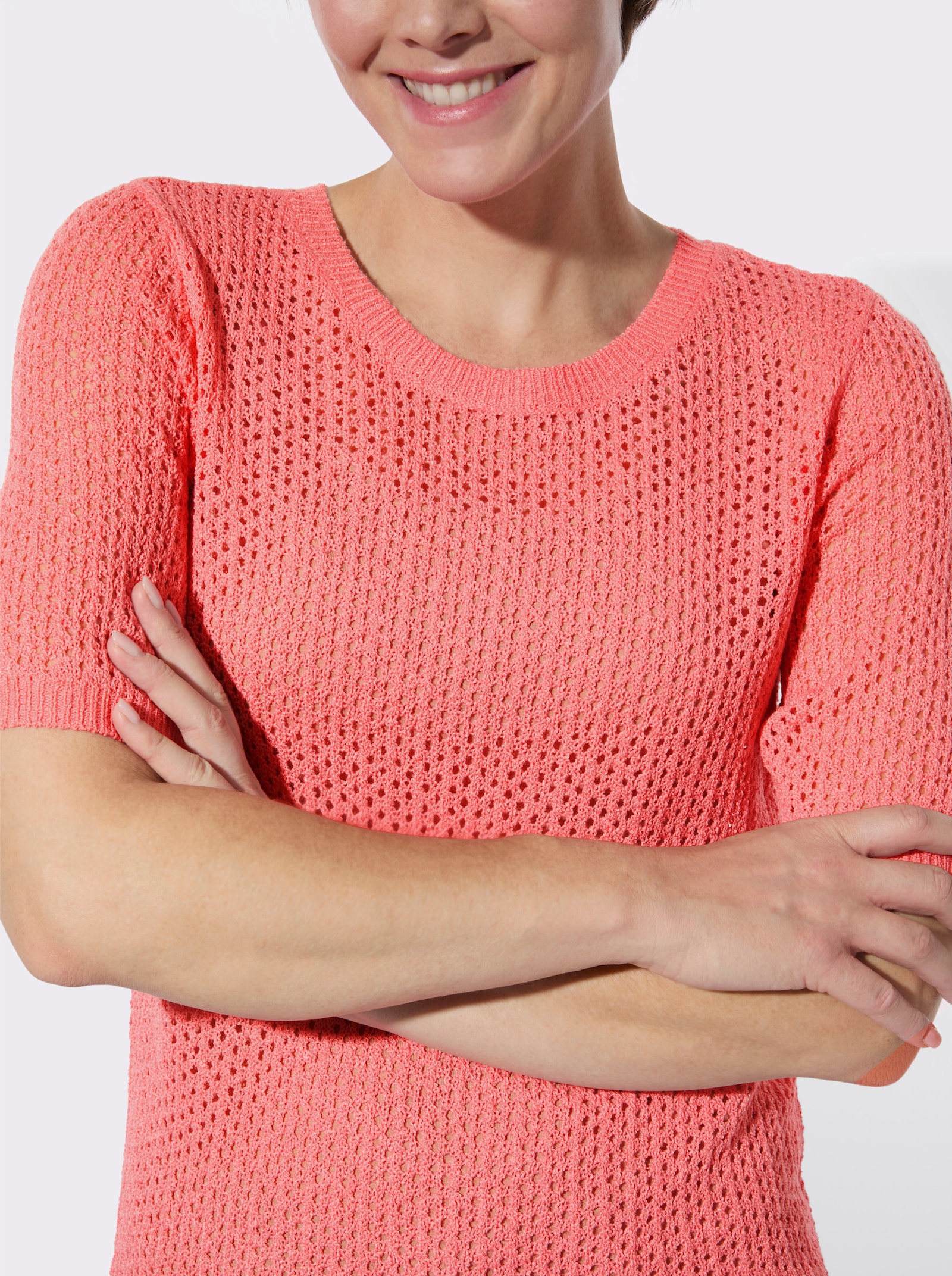 Ajourpullover mit kurzen Ärmeln - flamingo