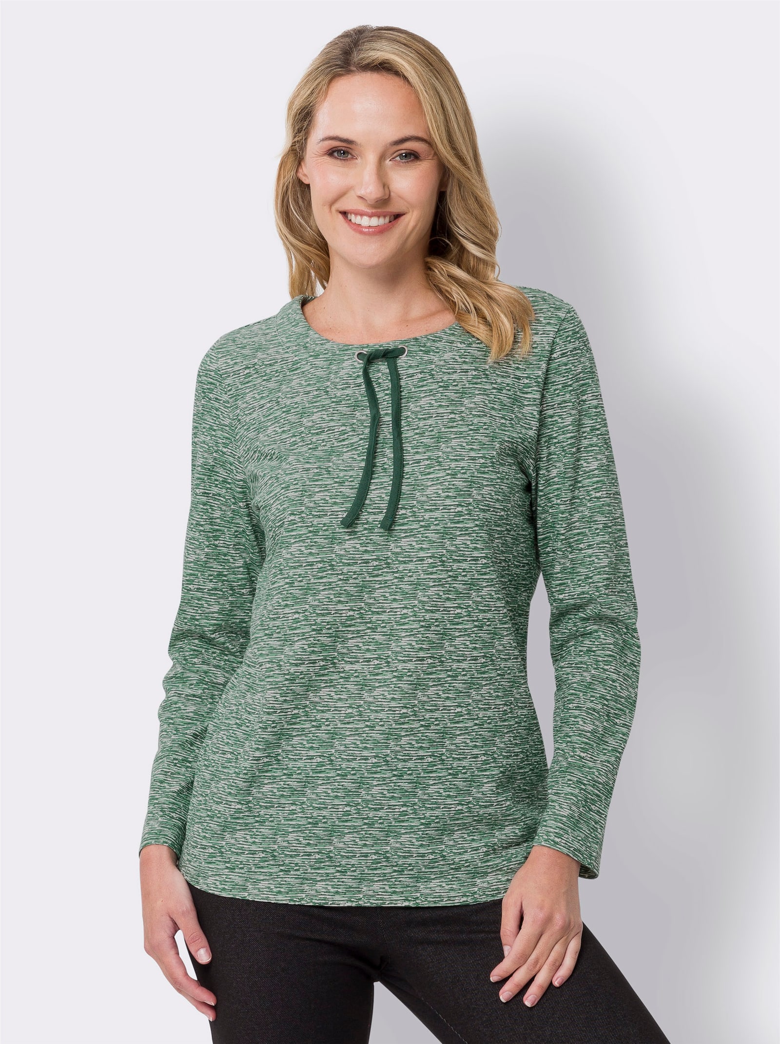 Langarmshirt mit Bindeband am Ausschnitt - moos-ecru-bedruckt