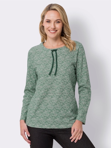 Langarmshirt mit Bindeband am Ausschnitt - moos-ecru-bedruckt