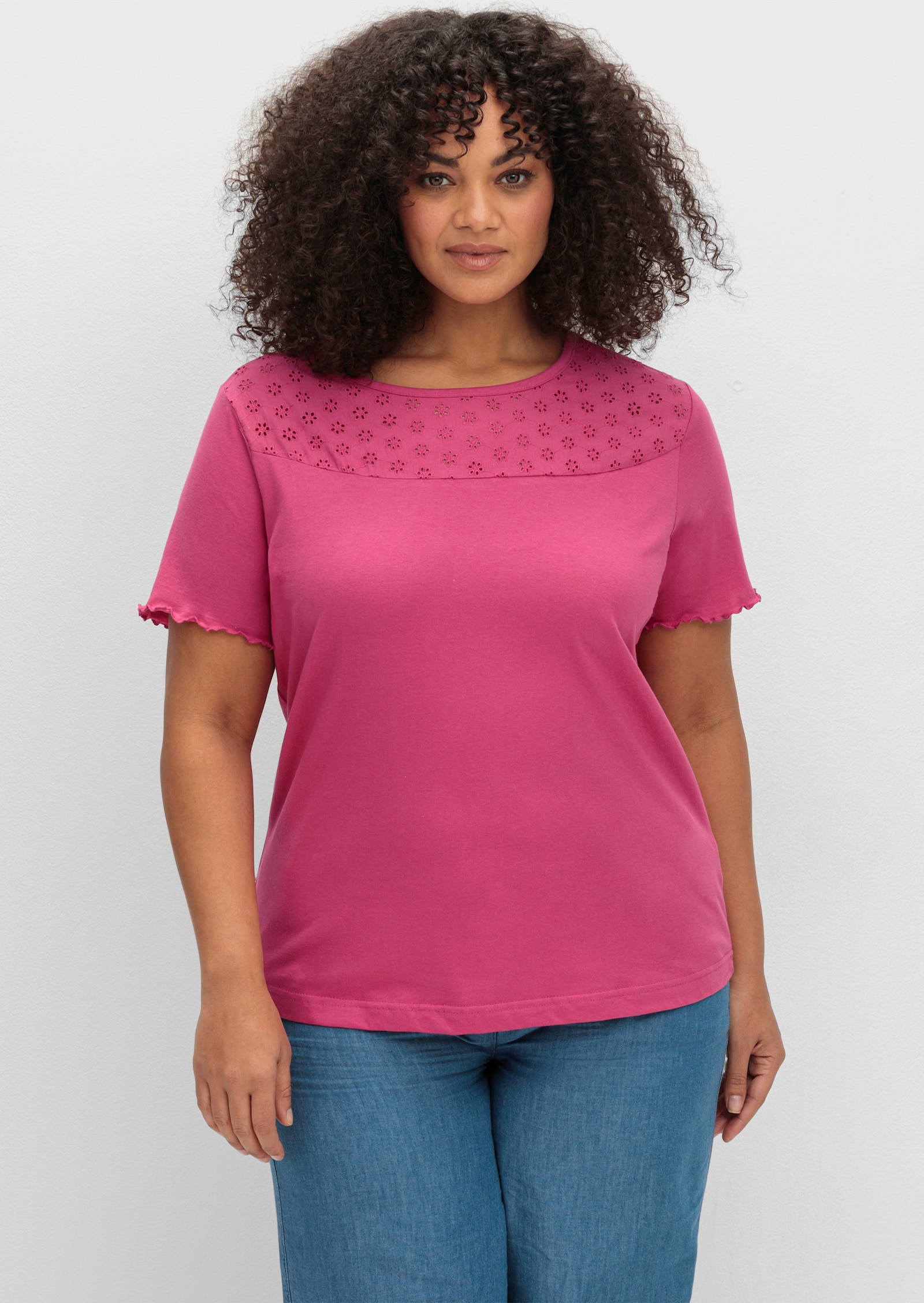 Kurzarmshirt mit Lochstickerei-Einsatz - fuchsia