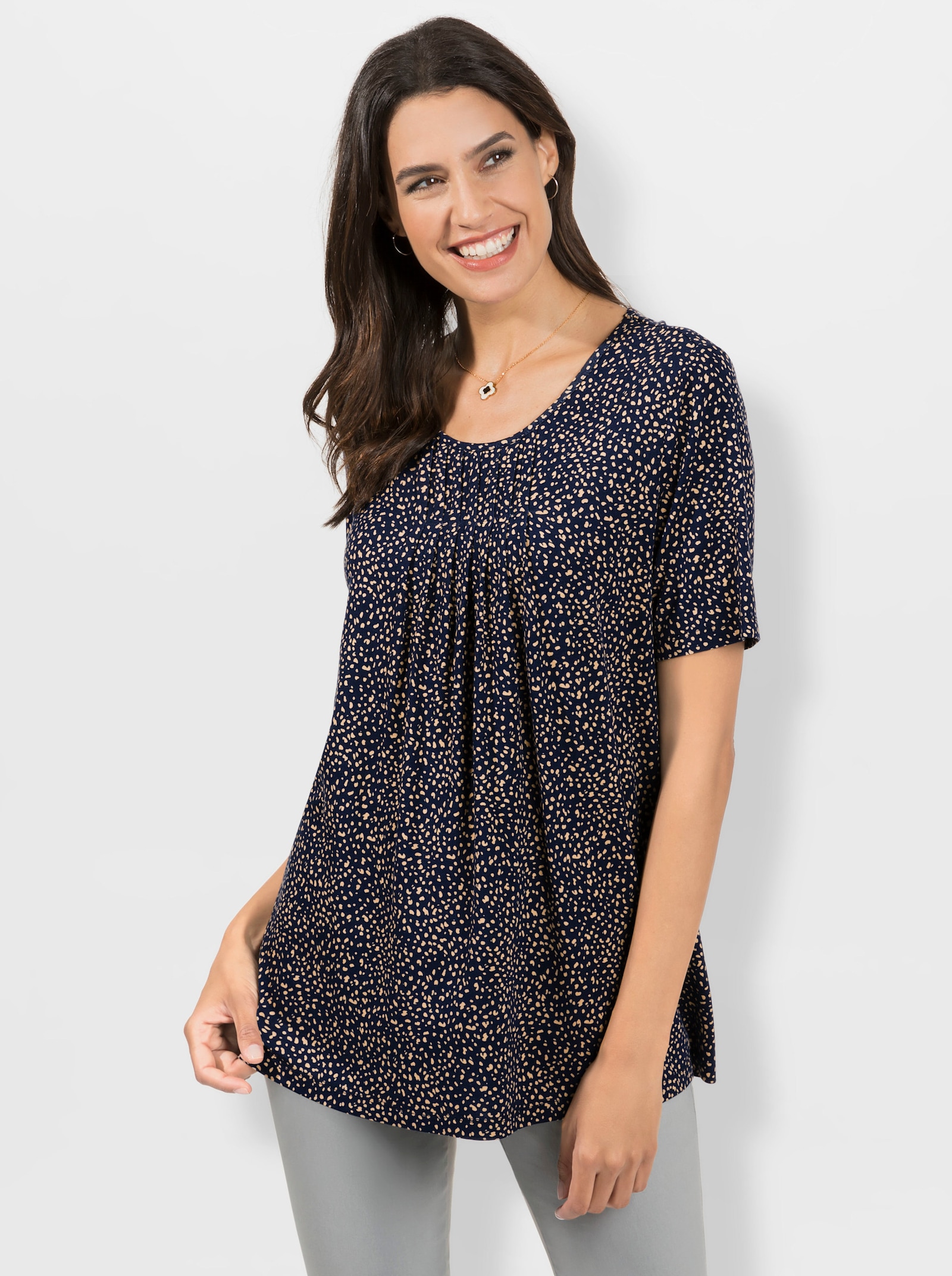 Tuniekshirt met stippenpatroon - marine/camel bedrukt