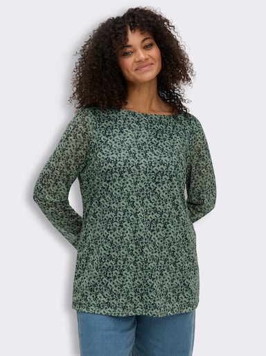 sheego Langarmshirt aus Mesh, mit Blumenprint - petrol-eucalyptus-bedruckt