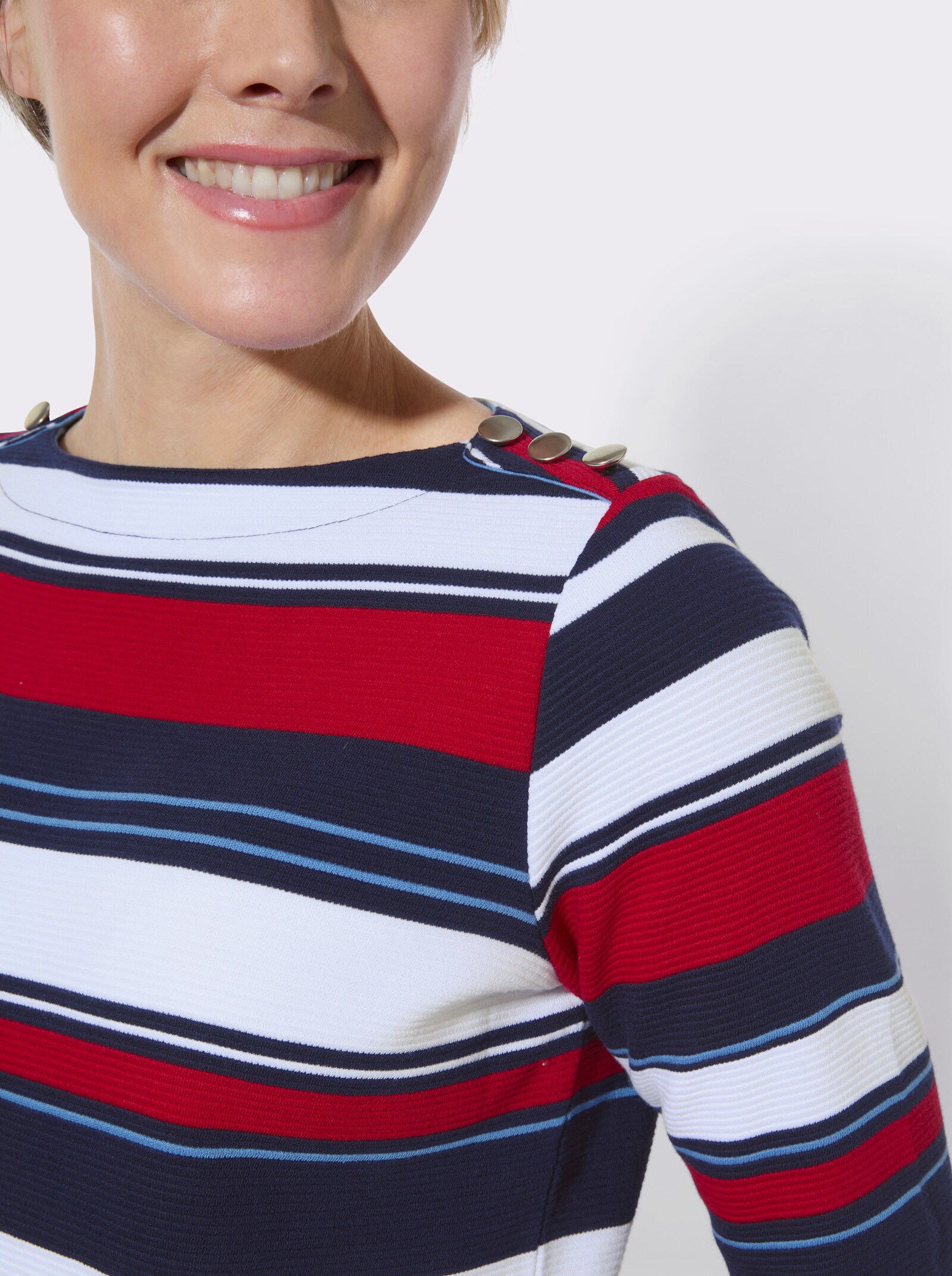 Ringelshirt mit Zierknöpfen an den Schultern - marine-rot-geringelt