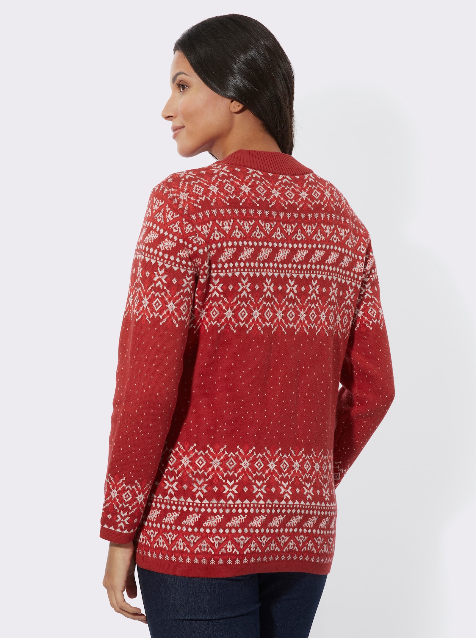 Žakárový pletený kabátek v norském stylu - třešňová-ecru-vzor