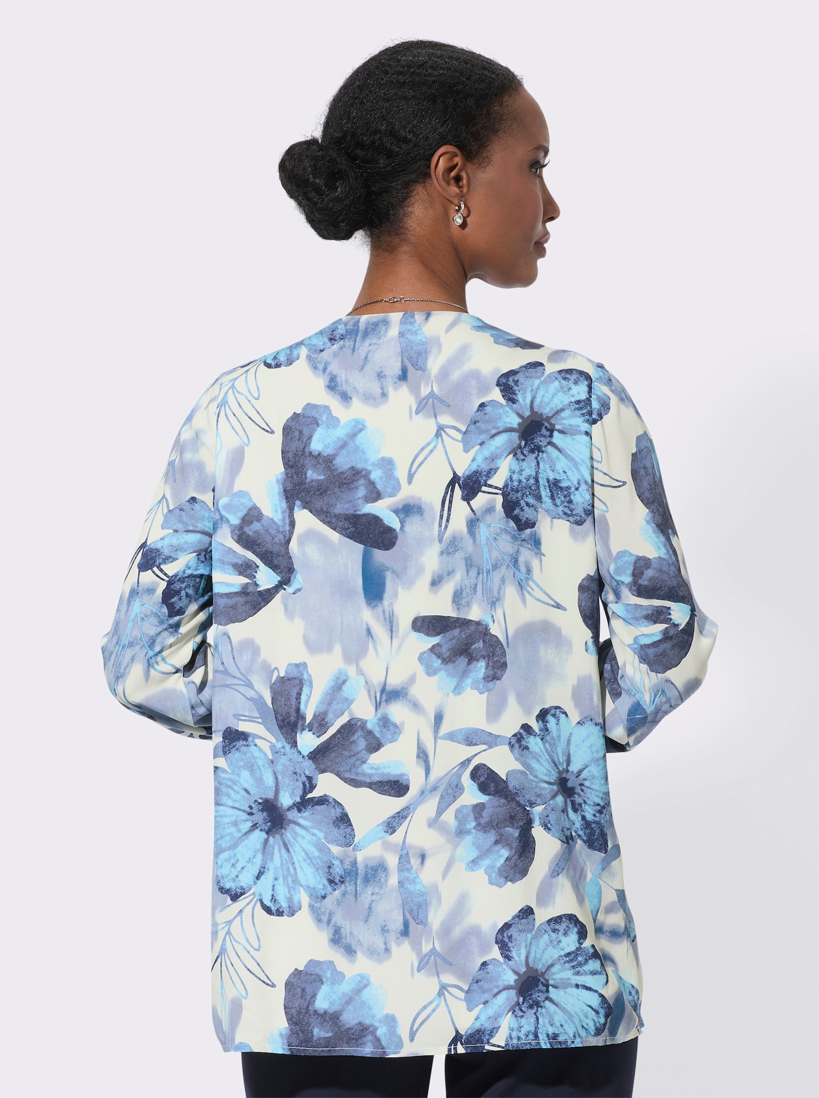 Druckbluse mit Biesenverzierung - champagner-jeansblau-bedruckt