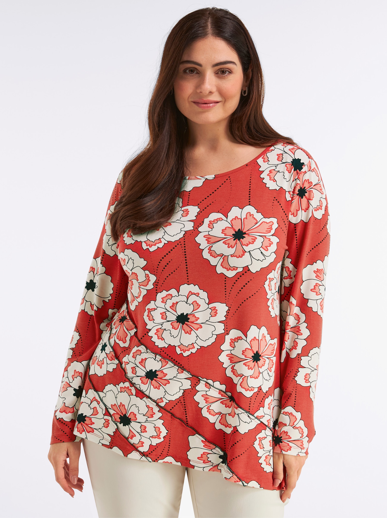sheego Longshirt mit asymmetrischem Saum - erdbeere-koralle-bedruckt