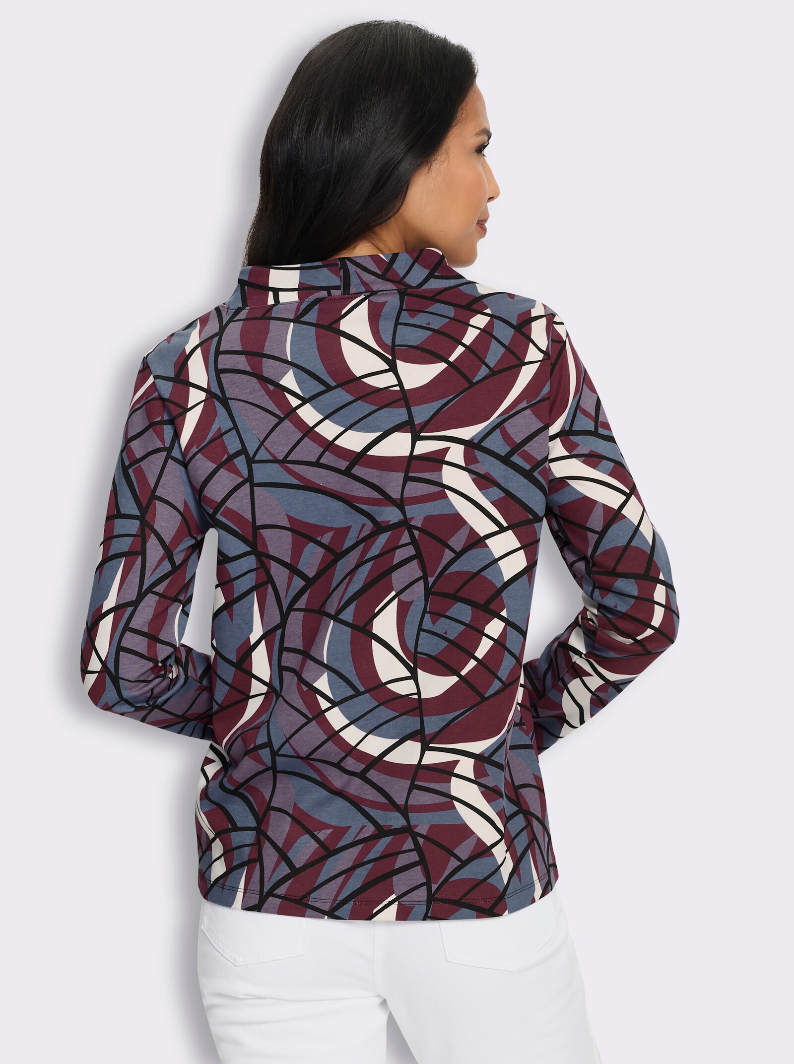 Stehkragenshirt in formstabiler Interlock-Qualität - bordeaux-rauchblau-bedruckt