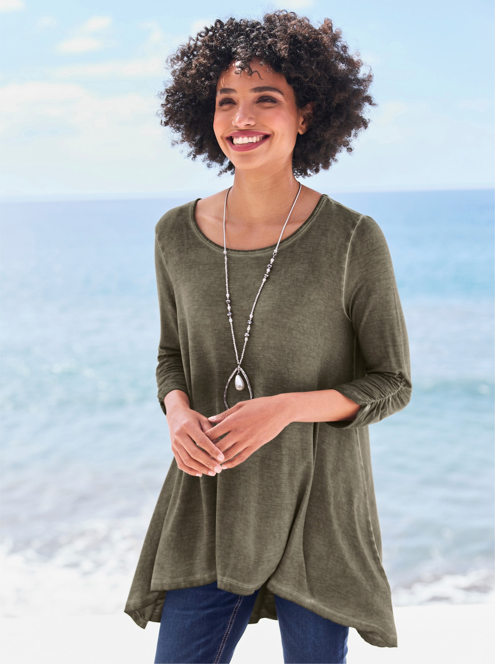 heine Shirt met 3/4-mouwen in oil dyed-wassing - kaki