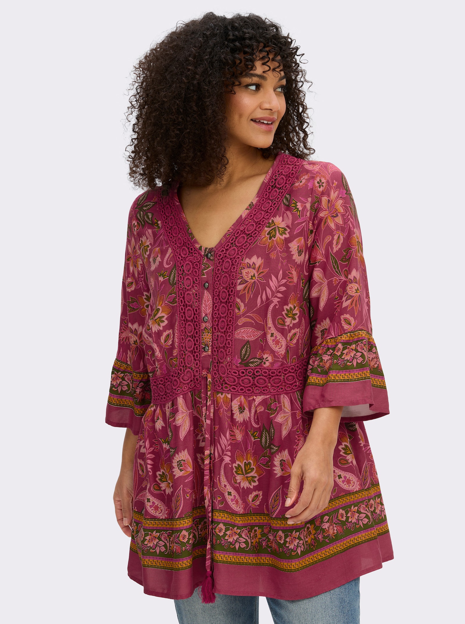 sheego by Joe Browns Volantbluse mit floralem Alloverdruck - kirsche-flamingo-gemustert