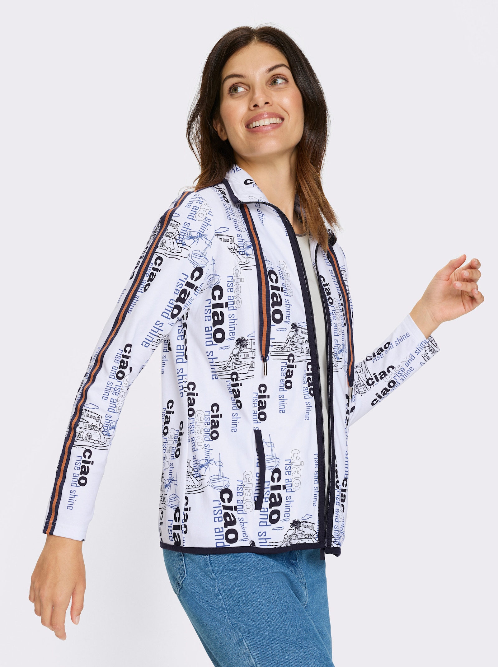 Sweatjacke mit maritimem Allover-Druck - weiß-marine-bedruckt