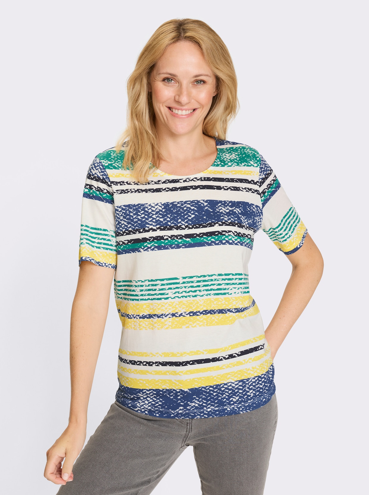 Rundhalsshirt - ecru-jeansblau-geringelt