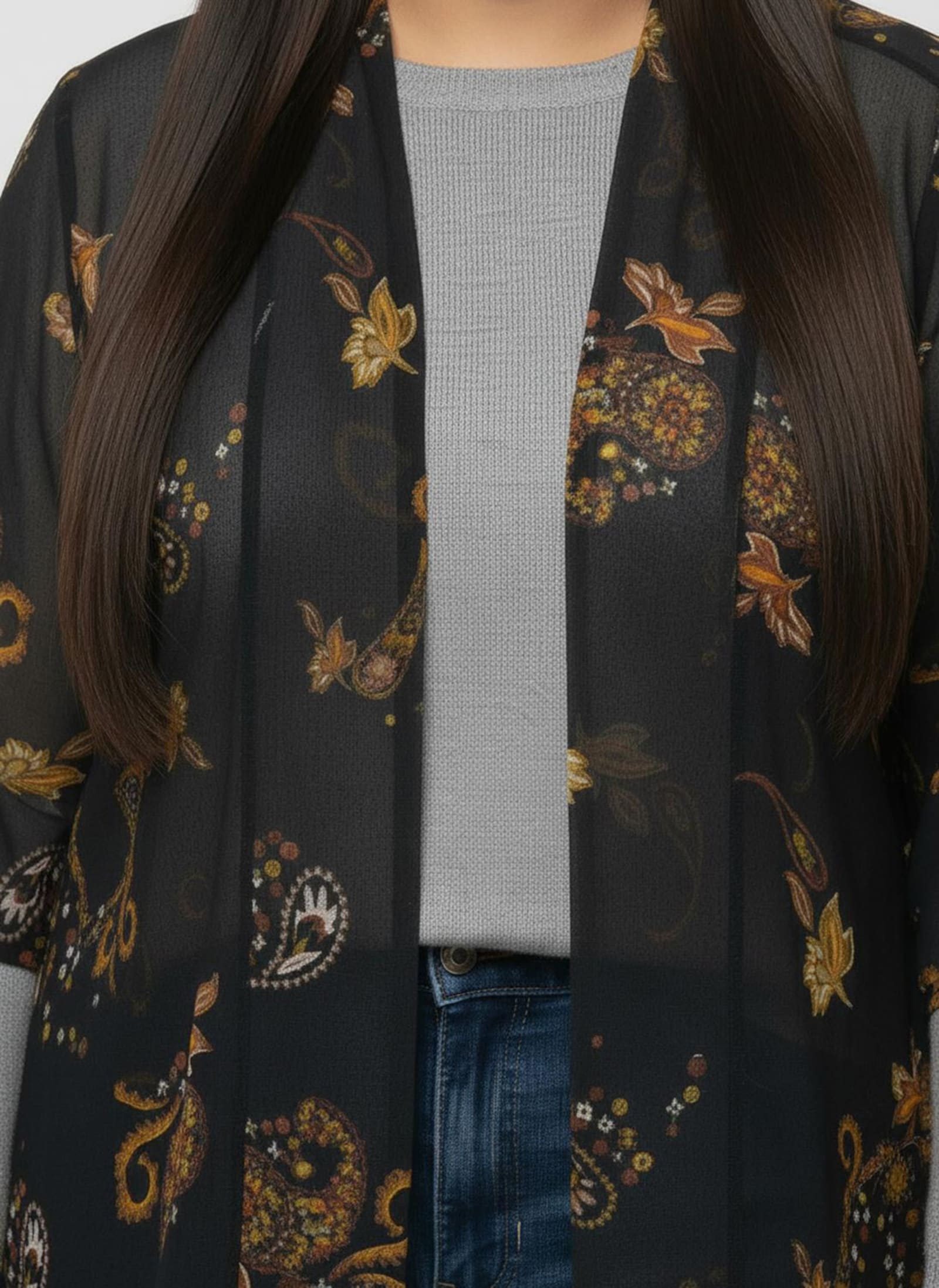 Longbluse in offener Form - schwarz-ocker-bedruckt