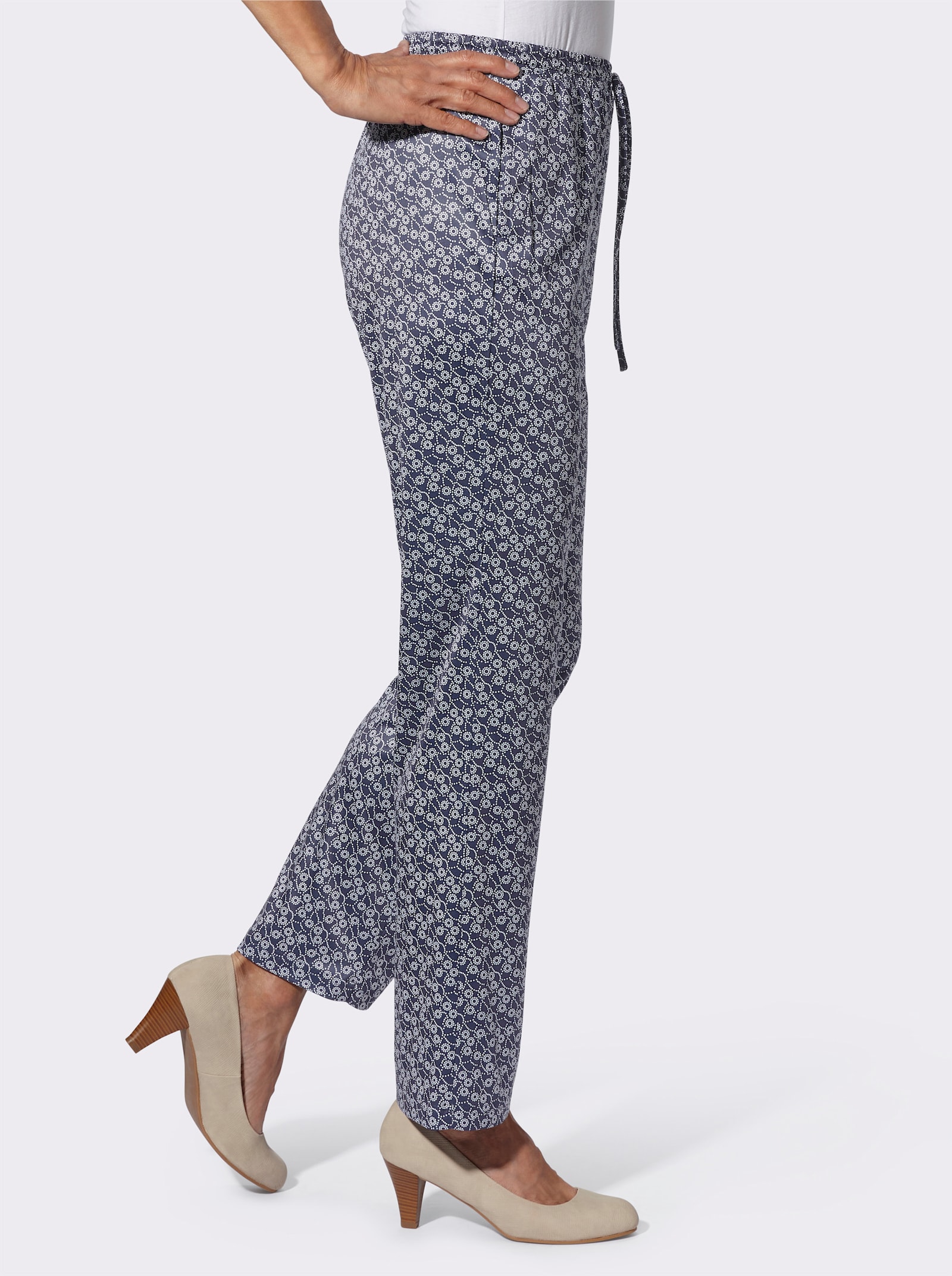 Jerseyhose in floralem Dessin - marine-weiss-gewellt