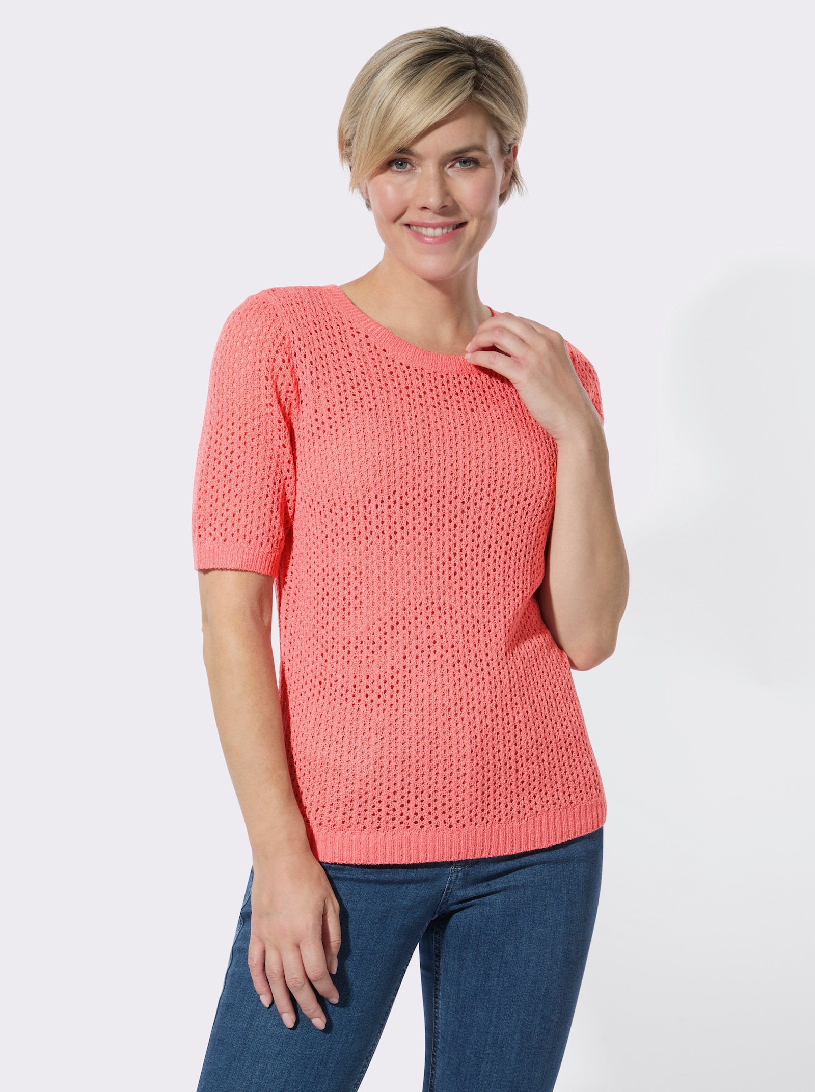 Ajourpullover mit kurzen Ärmeln - flamingo