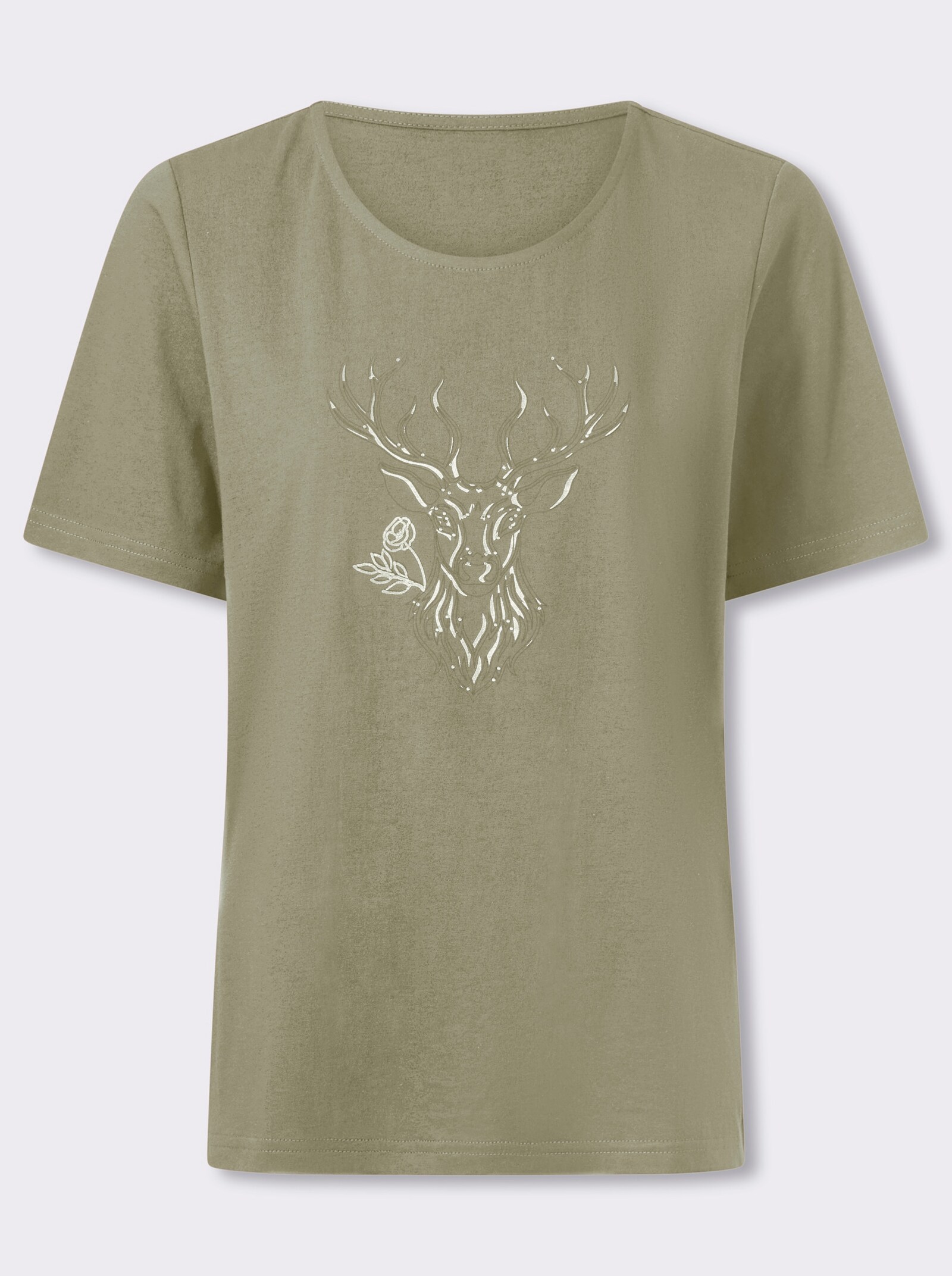 Kurzarmshirt mit Hirsch-Motiv - schilf-oliv