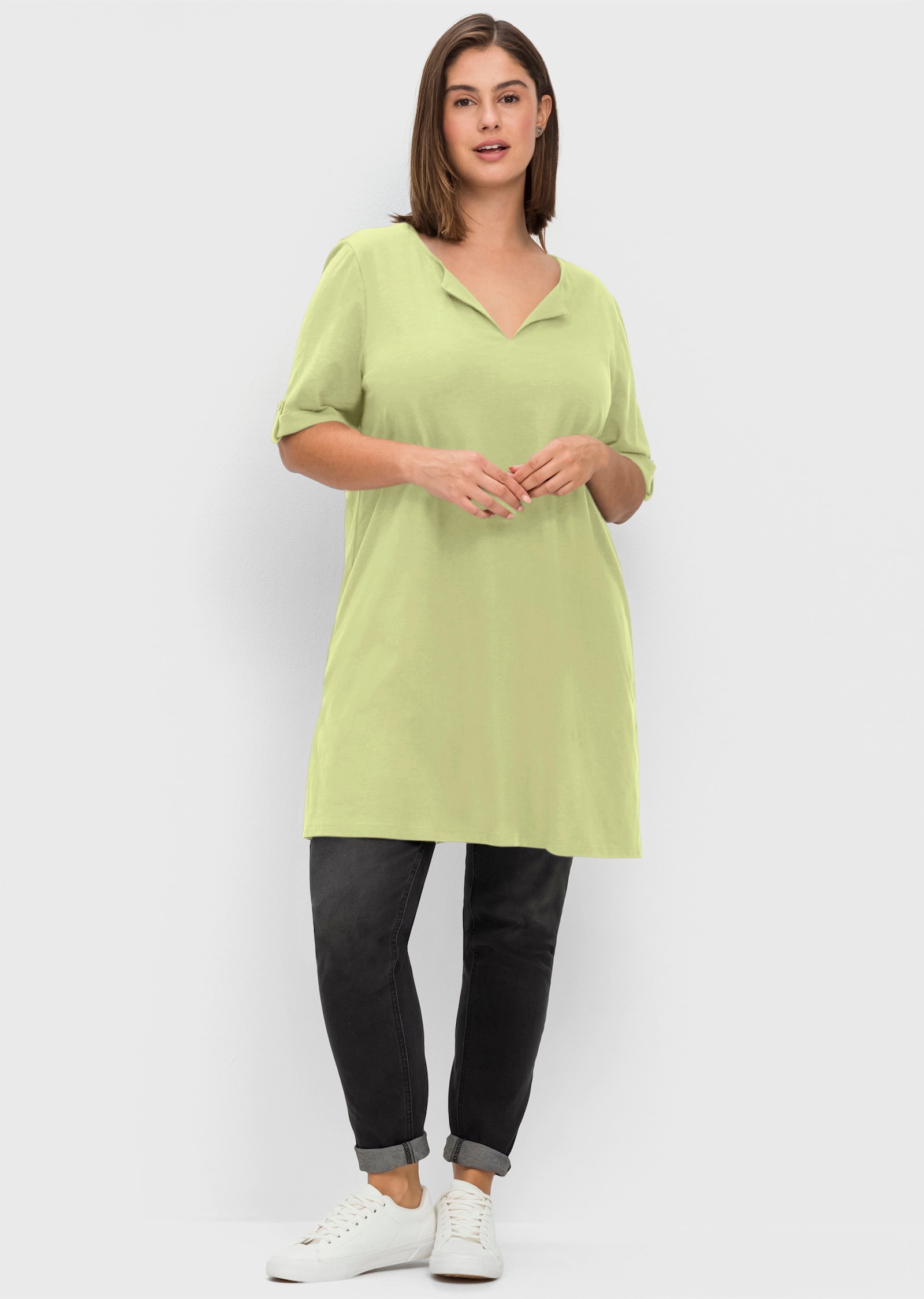 sheego Lang shirt met hals met split - pistache