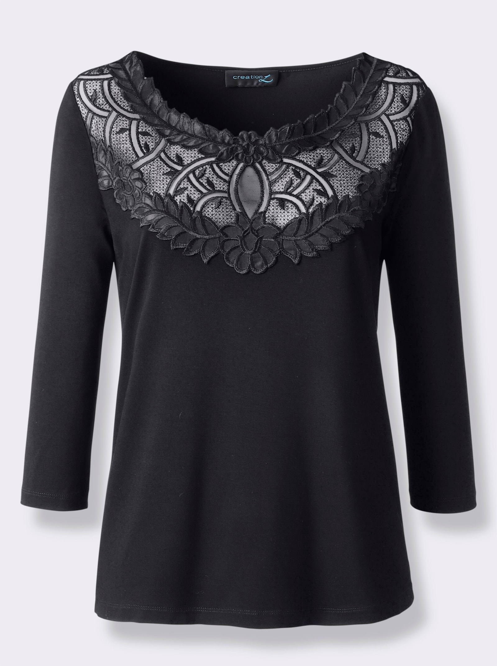 Spitzenshirt mit breiter Spitzenbordüre - schwarz