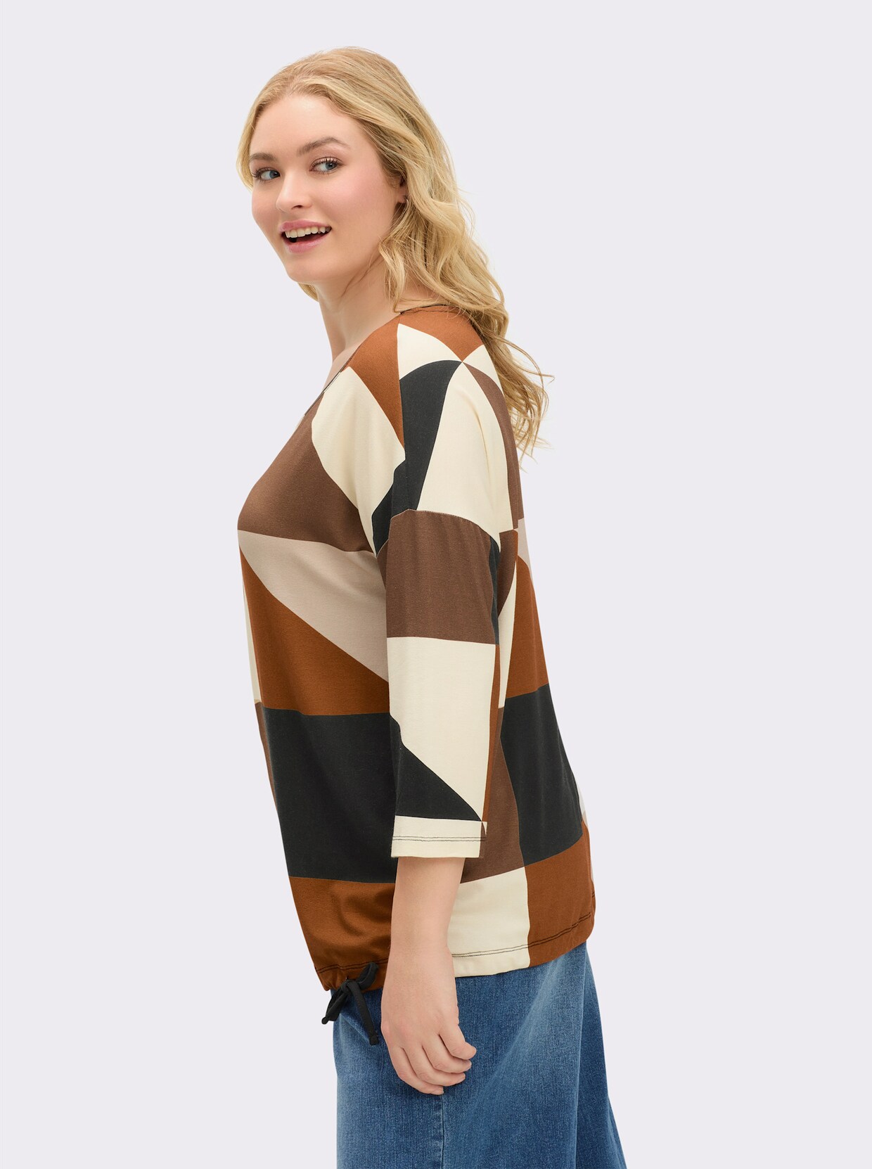 3/4-Arm-Shirt mit Tunnelzug am Saum - champagner-cognac-bedruckt