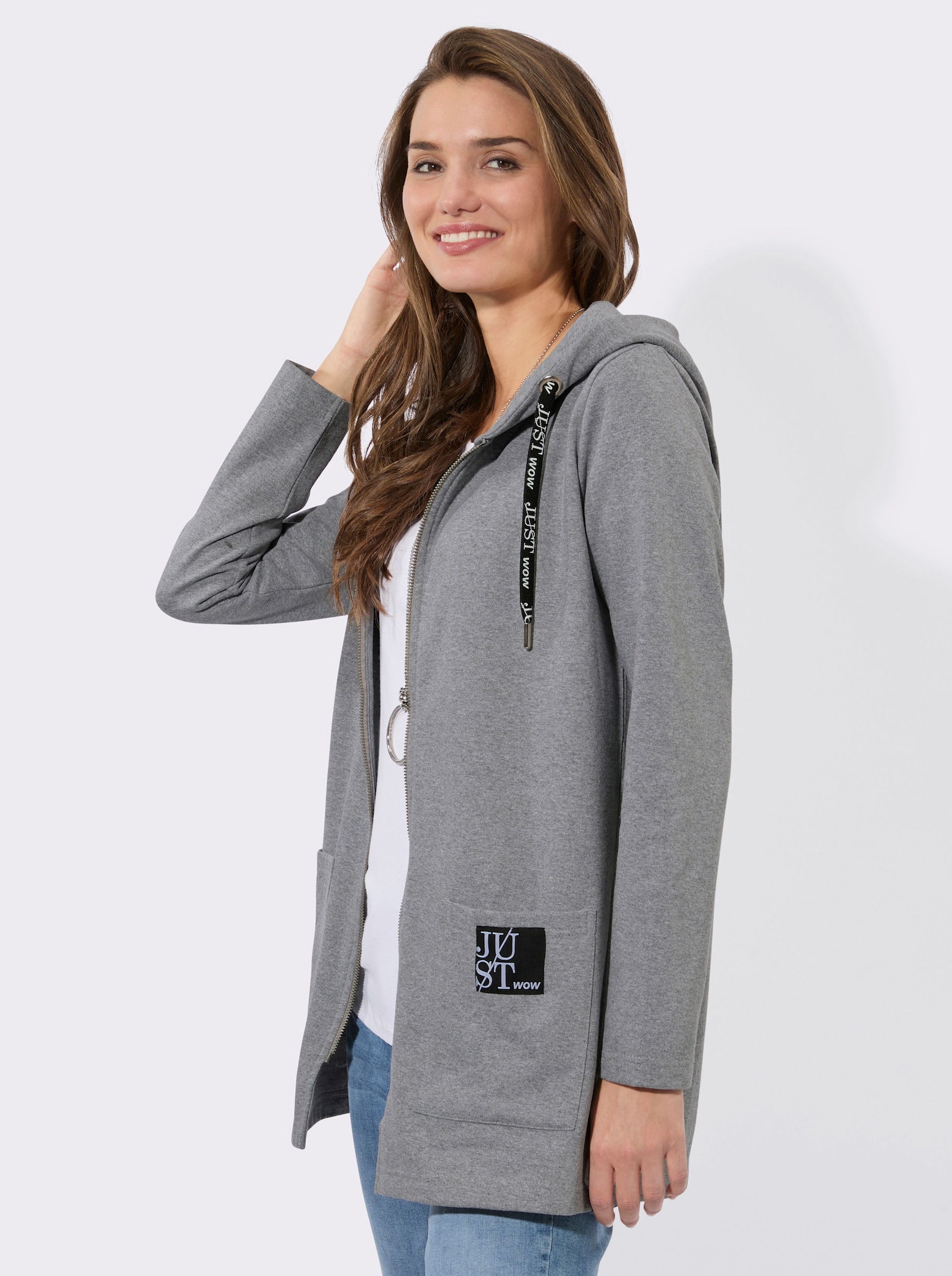 Sweatjacke mit Glitzer-Applikation hinten - grau-meliert