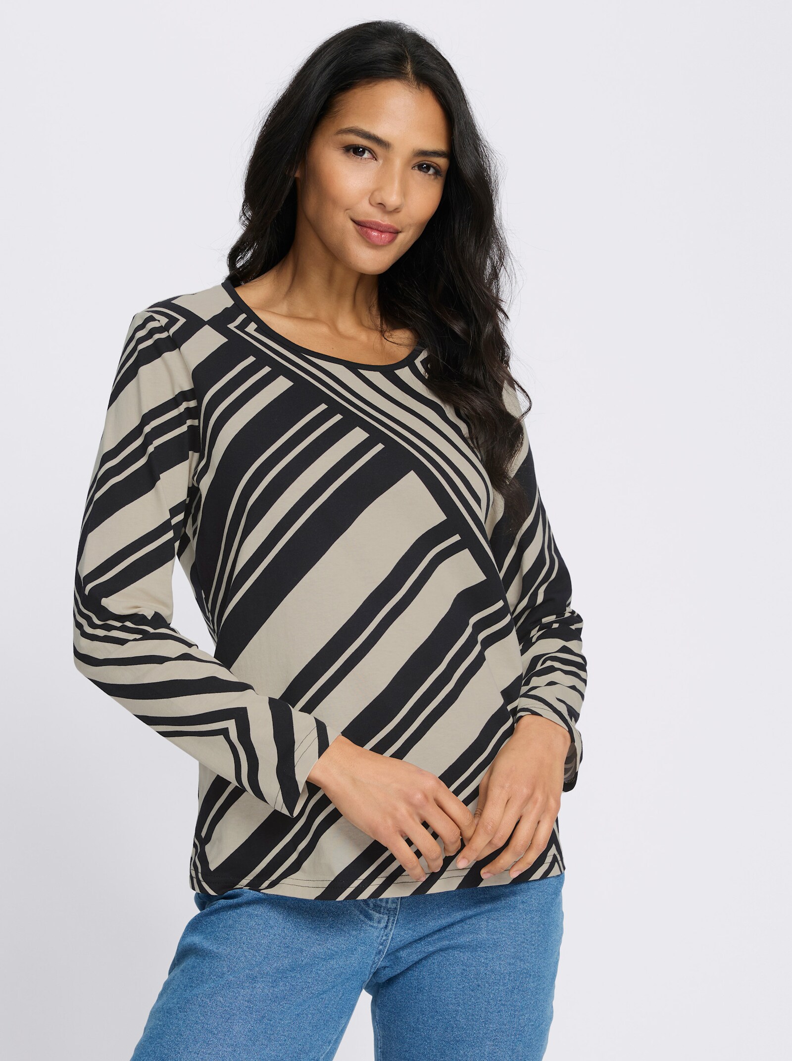 Langarmshirt mit Streifenmuster - schwarz-sand-bedruckt