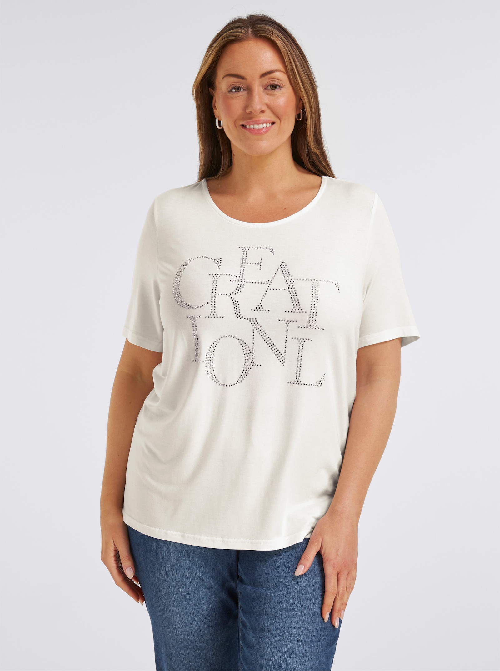 Kurzarmshirt mit Schriftzug aus Glitzersteinchen - ecru