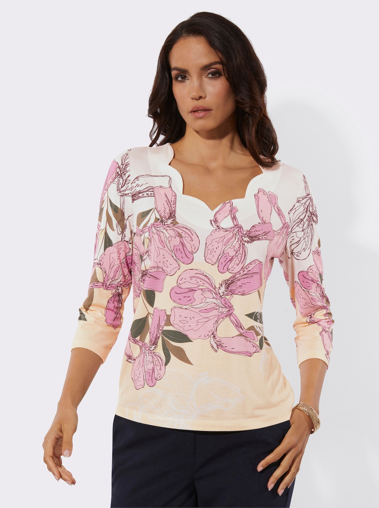 3/4-Arm-Shirt mit Wellenkante am Ausschnitt - ecru-orchidee-bedruckt