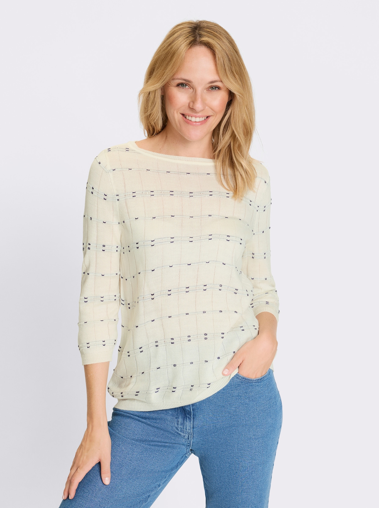 3/4 Arm-Pullover - ecru-marine-gemustert