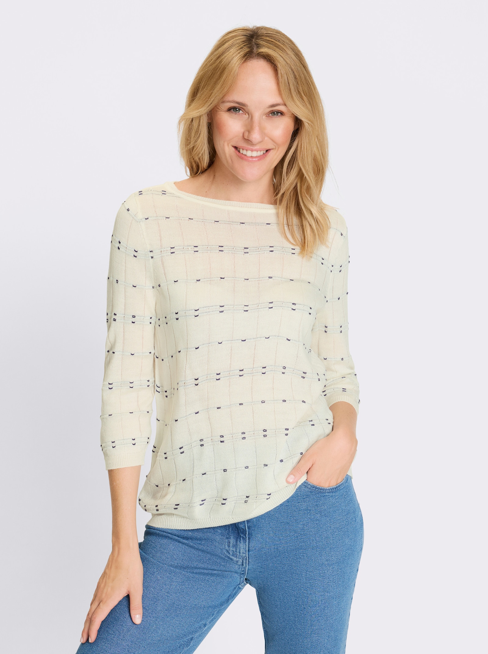 Svetr s 3/4 rukávem a pleteným vzorem - ecru-námořnická modrá-vzor