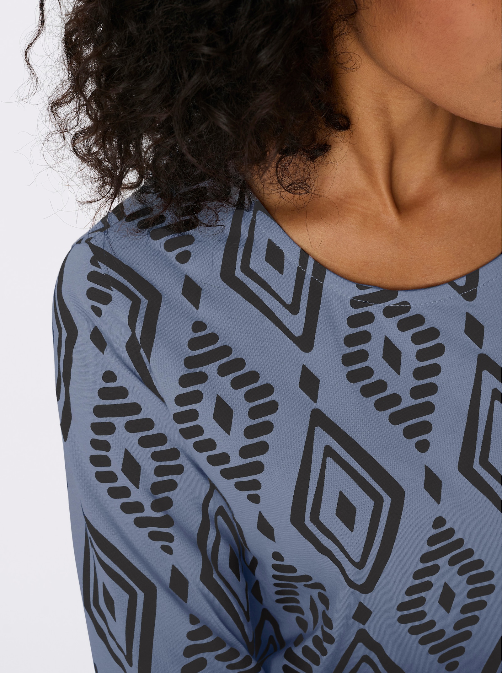 3/4-Arm-Shirt aus reiner Baumwolle, bedruckt - taubenblau-schwarz-bedruckt