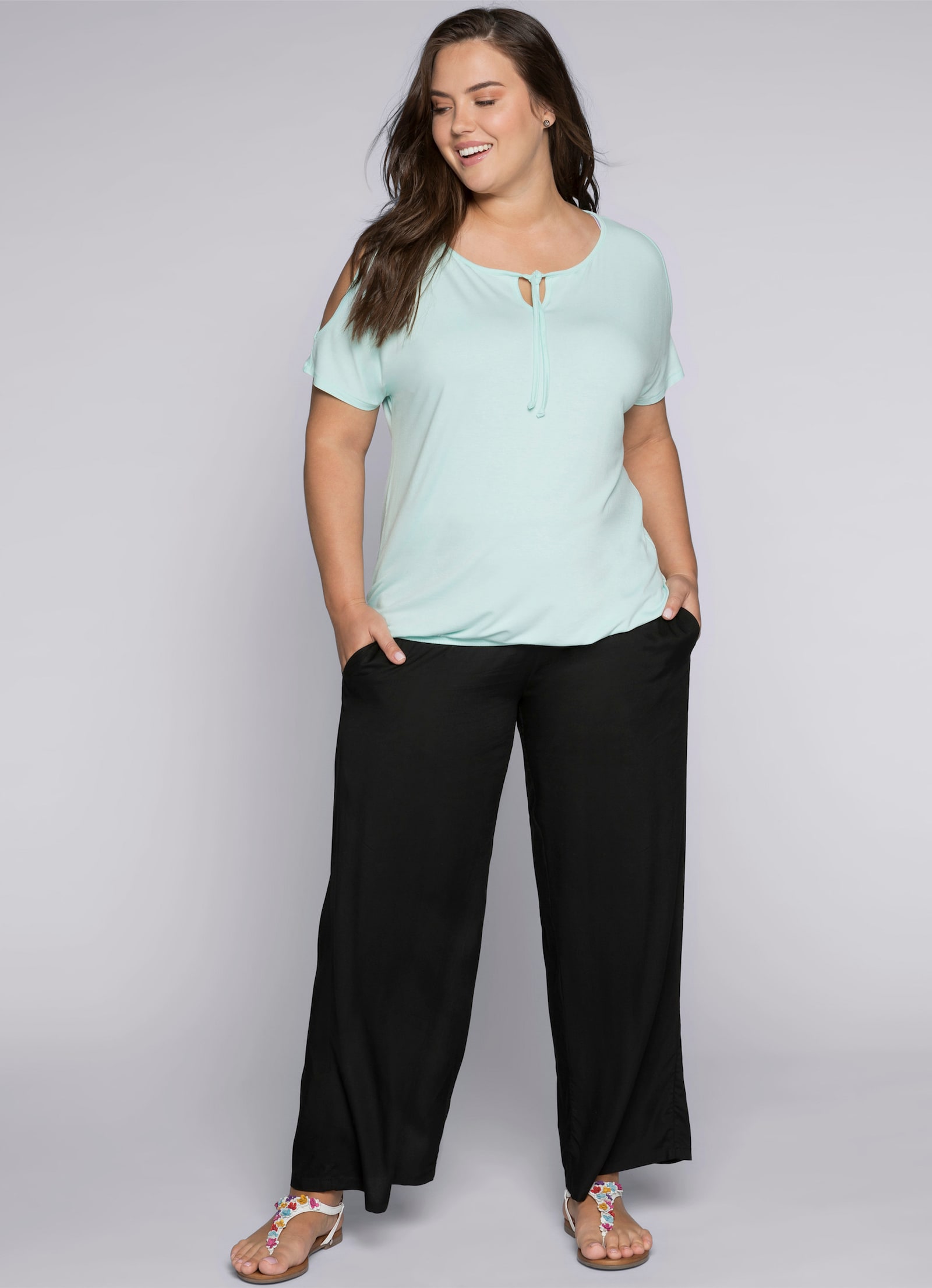 sheego Comfortbroek met wijde pijpen - zwart