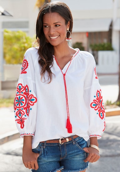 LASCANA Blouse met lange mouwen - wit/rood/blauw