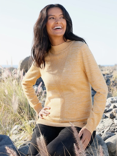 Stehkragenpullover mit gerippten Bündchen - ocker-meliert