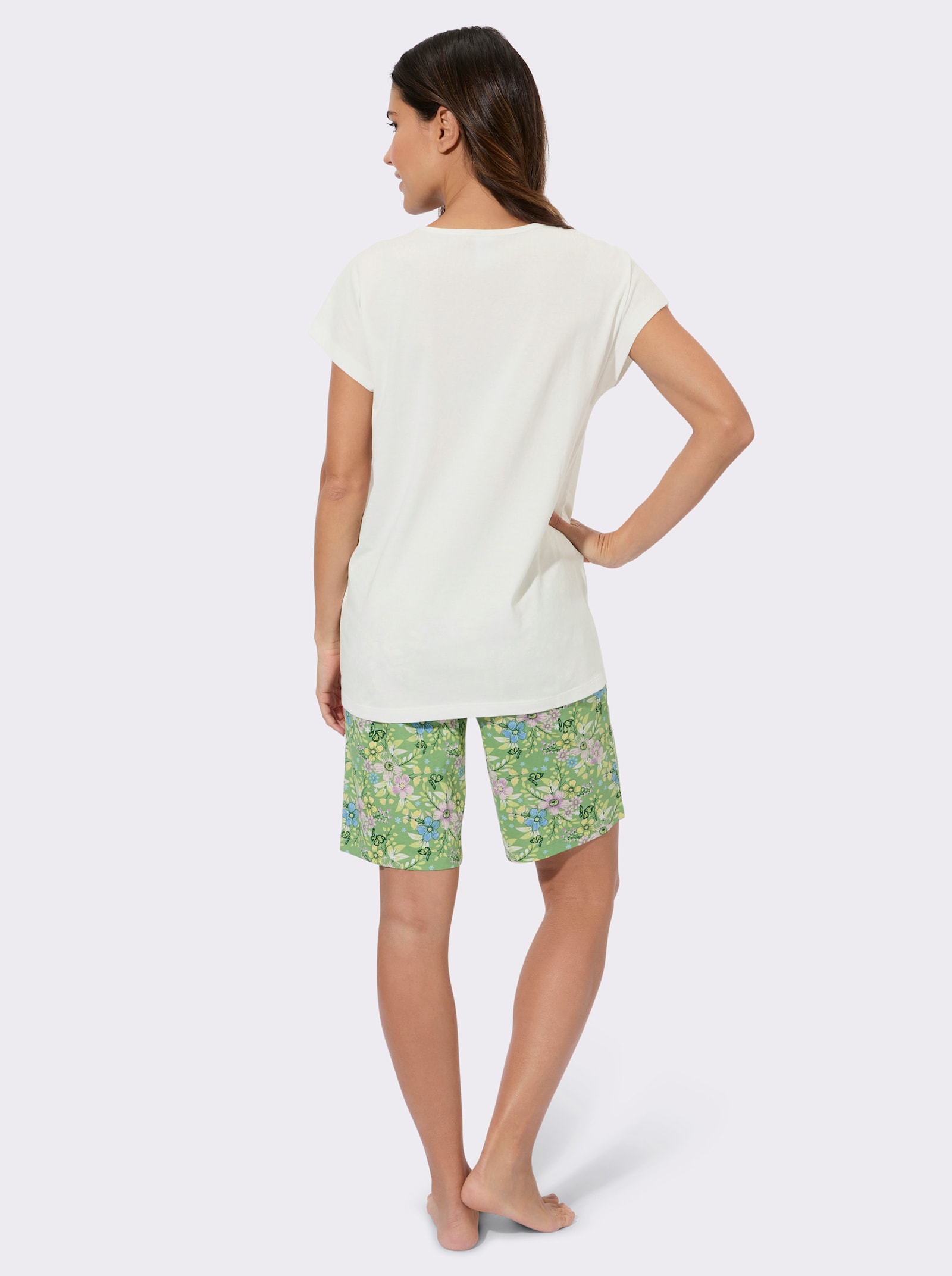 Krátke pyžamo, kvety - Svetlobéžovo-eukalyptová potlač