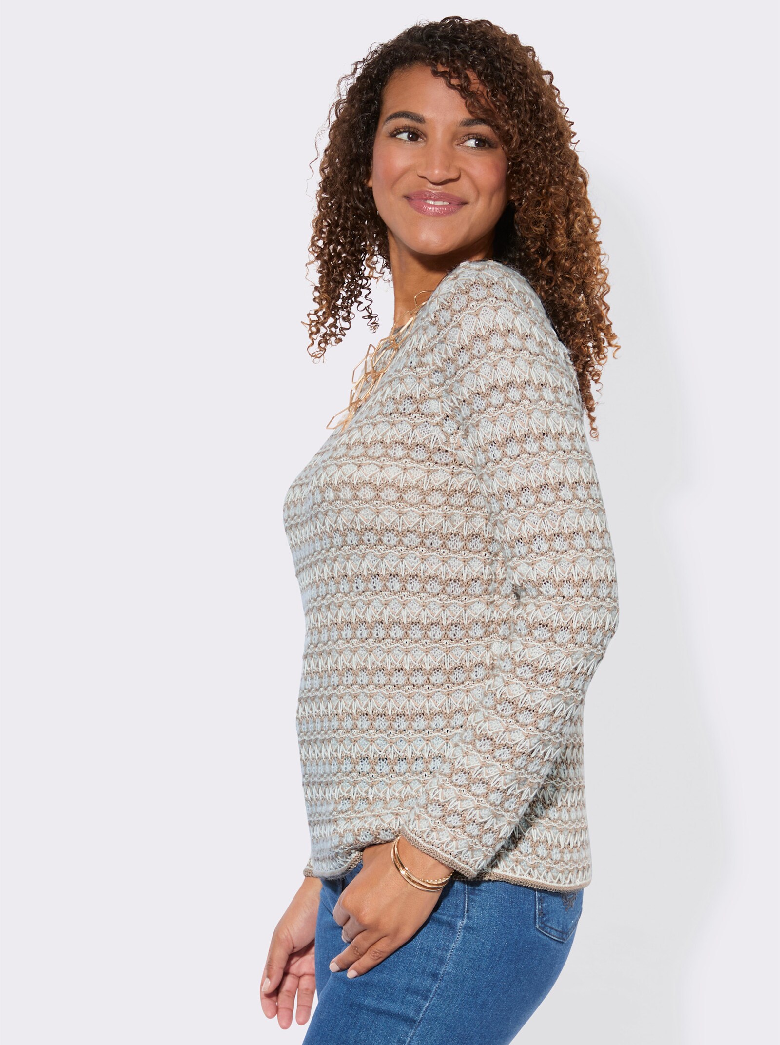 Pullover mit gebogten Abschlüssen - sesam-ecru-gemustert