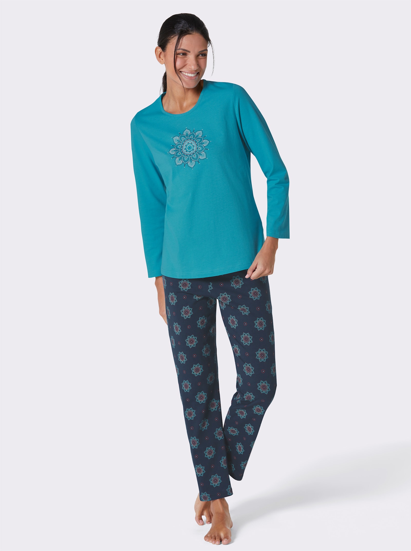 Comtessa Schlafanzug aus reiner Baumwolle - türkis-marine-bedruckt