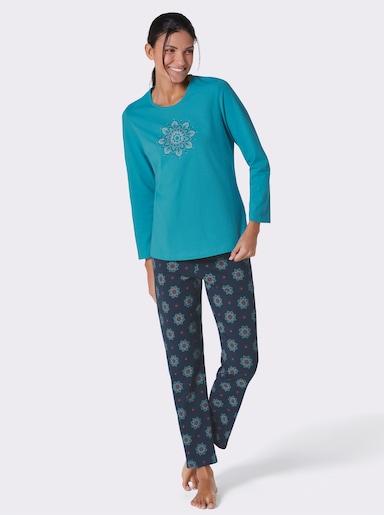 Comtessa Schlafanzug aus reiner Baumwolle - türkis-marine-bedruckt