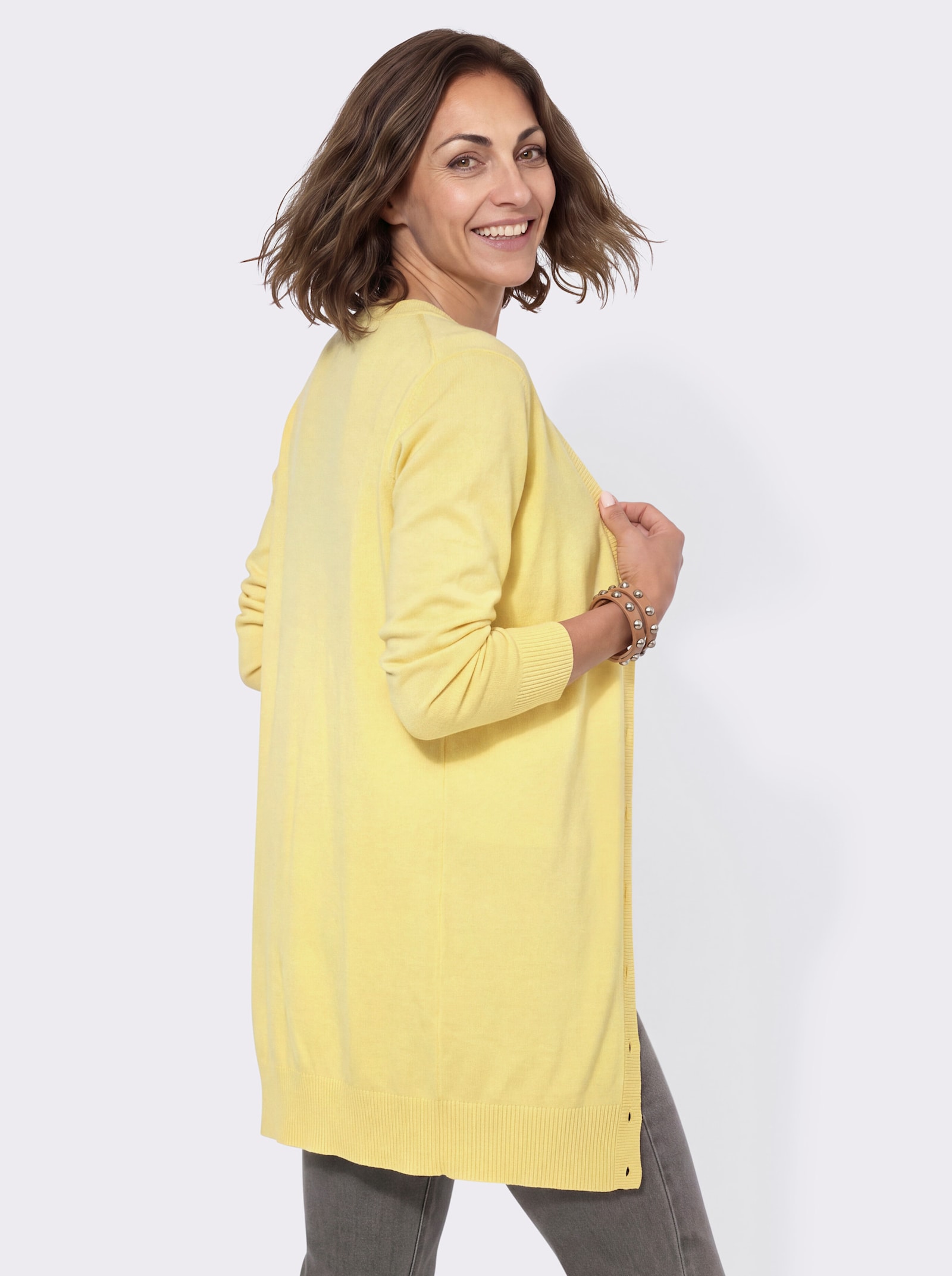 Longstrickjacke mit gerippten Bündchen - zitrone
