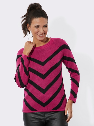 Jacquard-Pullover mit v-förmigen Streifenmuster - pink-schwarz-gemustert