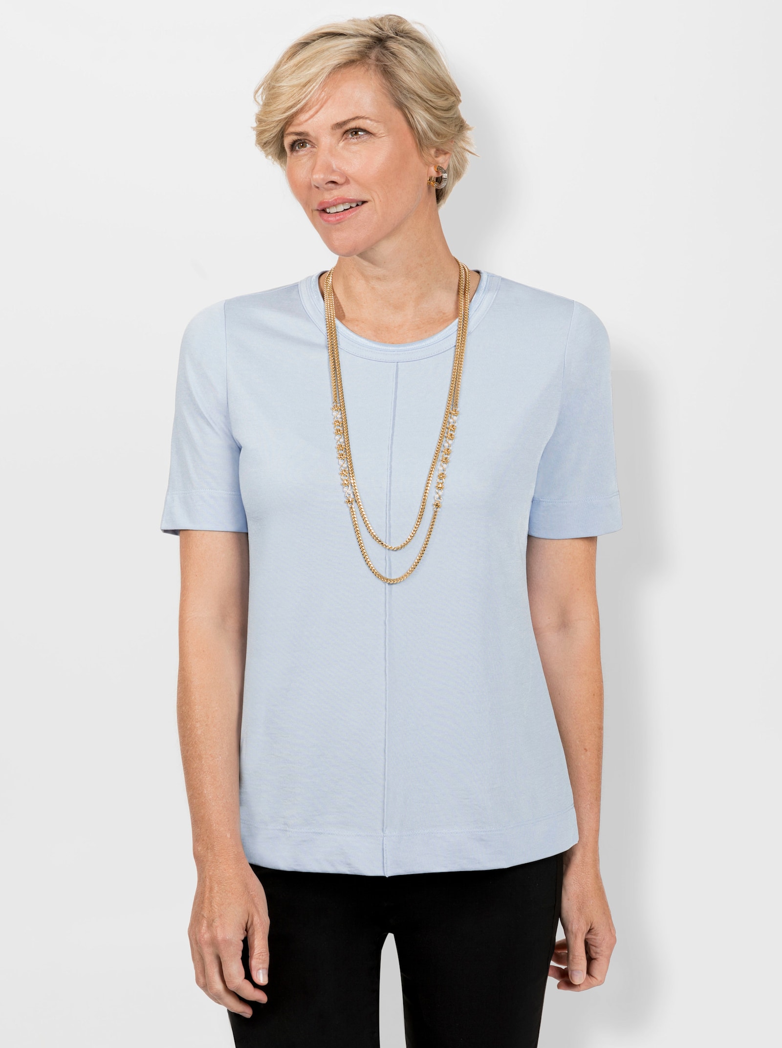 Shirt met ronde hals Met bies, voor - ijsblauw