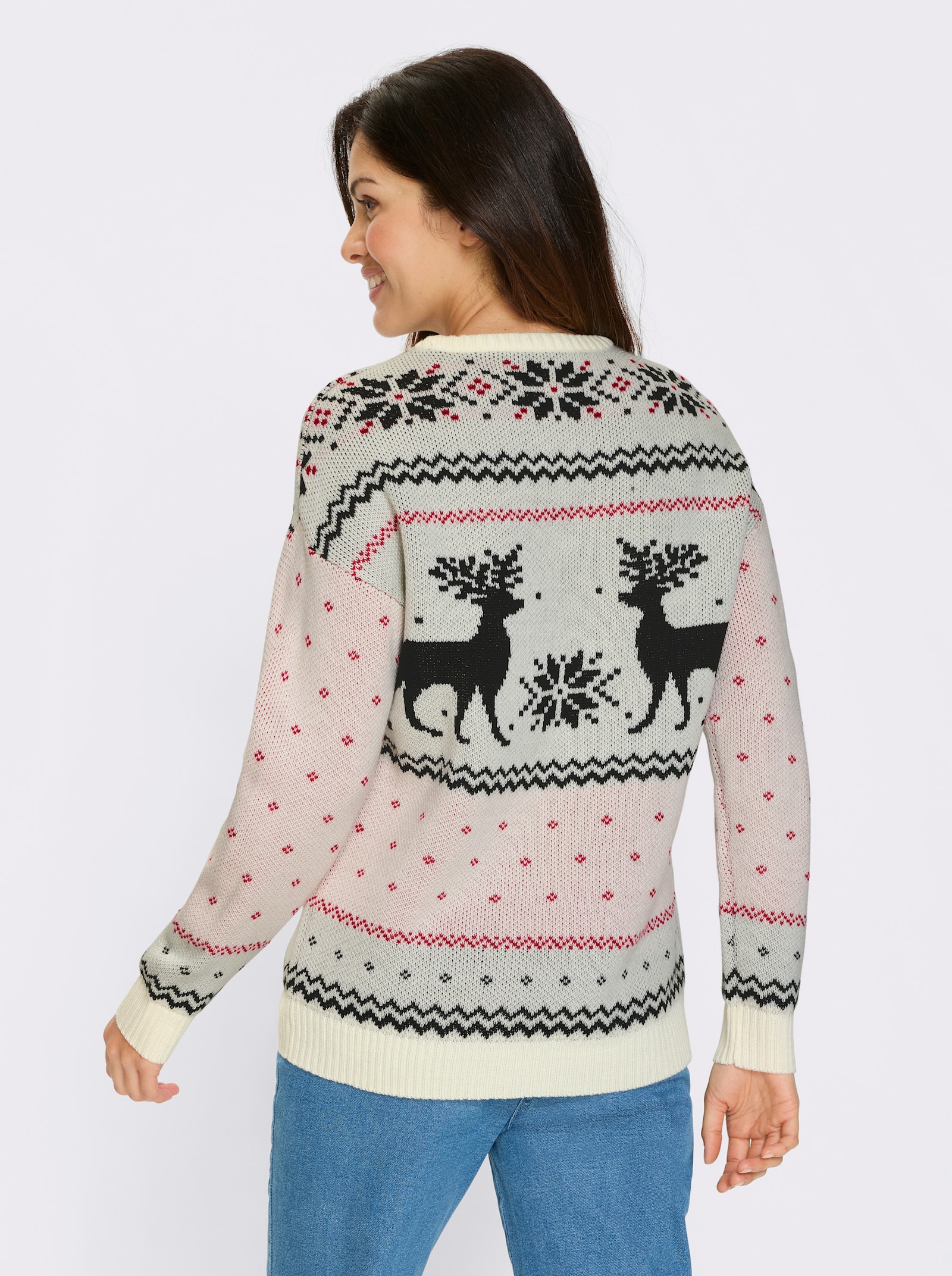 Langarm-Pullover mit Rentier-Motiv - ecru-schwarz-gemustert