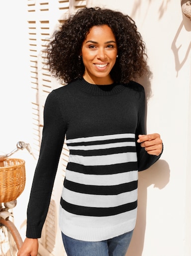 Stehkragenpullover mit Streifenmuster - schwarz-champagner-geringelt